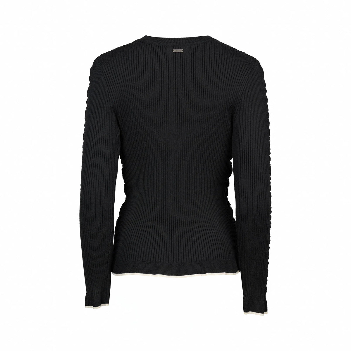 Back view of black ribbed knit sweater with long sleeves and white trim on cuffs and hem