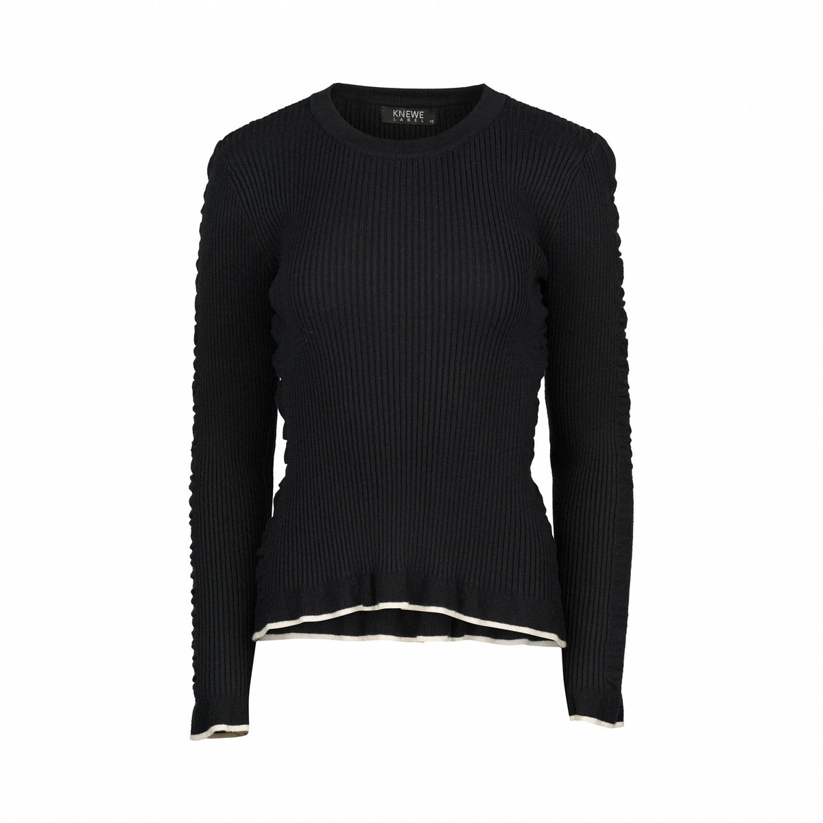 Black ribbed knit sweater with long sleeves and white trim on cuffs and hem, front view