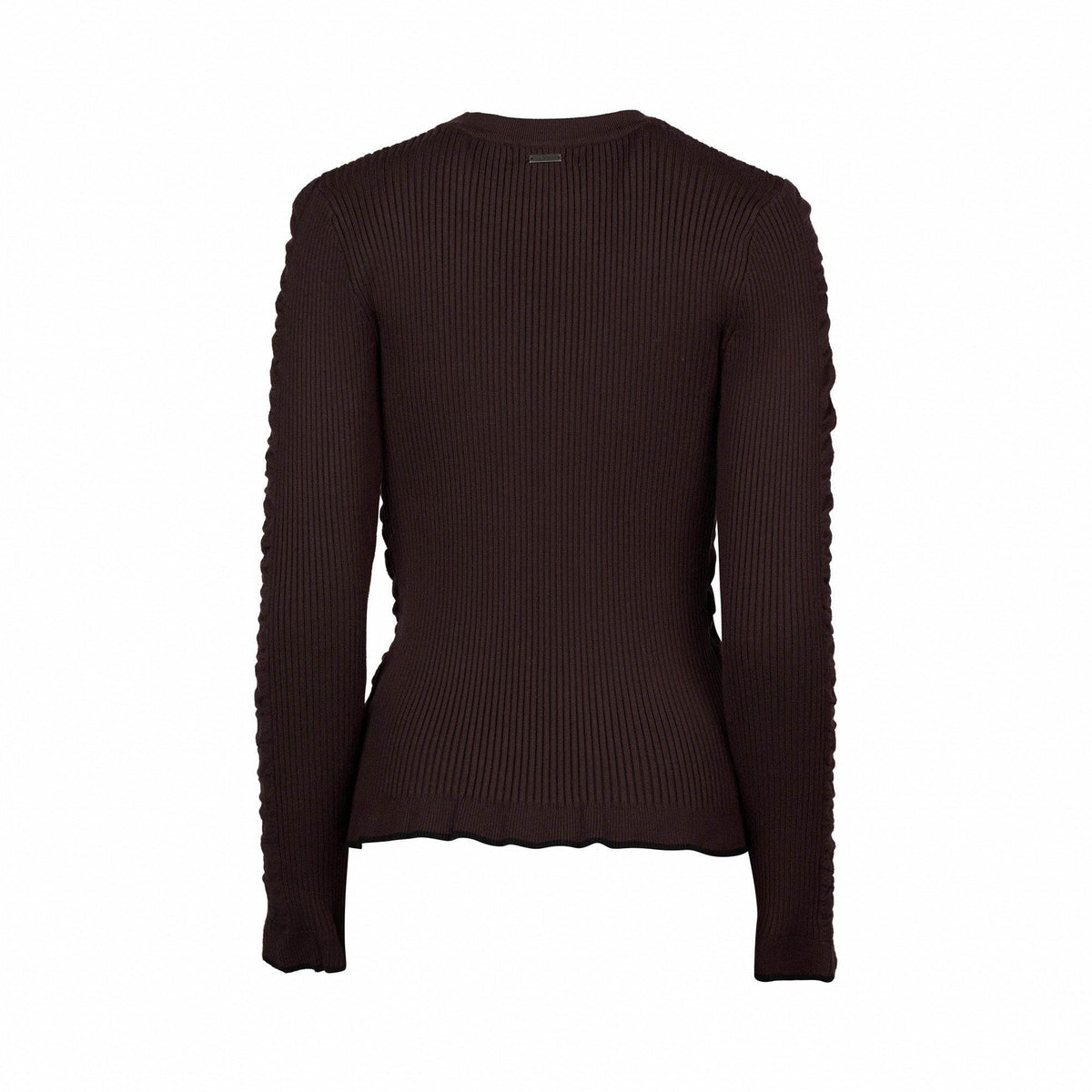 Back view of chocolate brown ribbed knit sweater with long sleeves and fitted silhouette