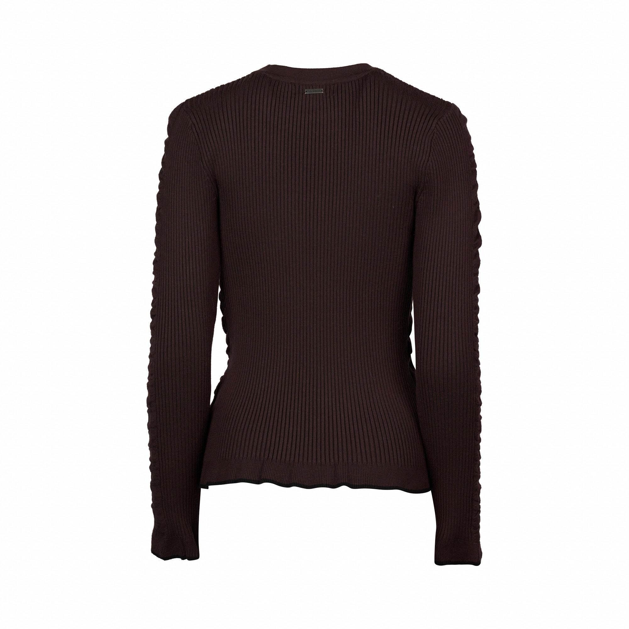 Back view of chocolate brown ribbed knit sweater with long sleeves and fitted silhouette