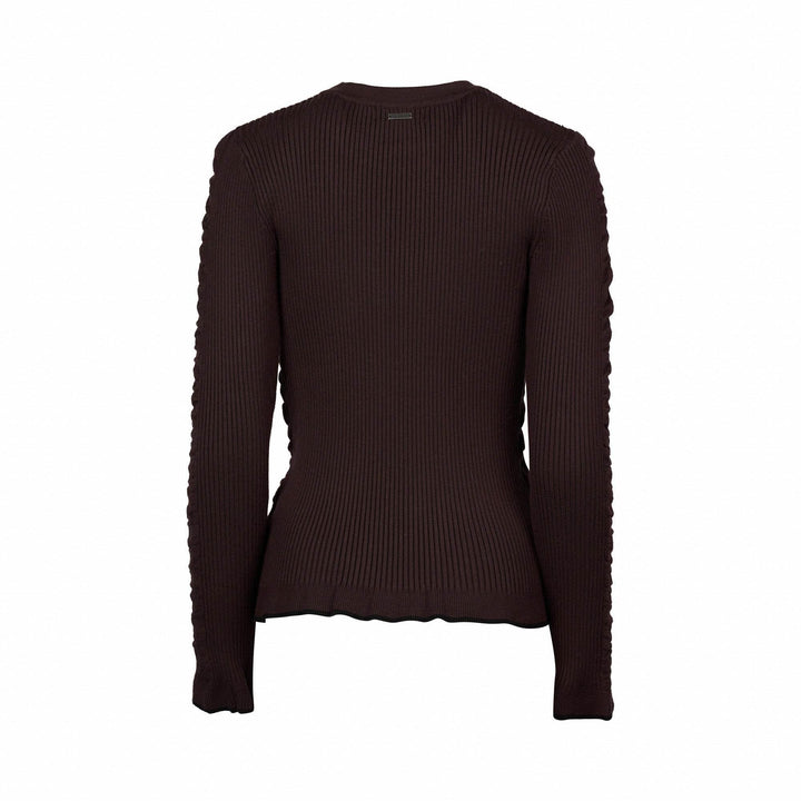 Back view of chocolate brown ribbed knit sweater with long sleeves and fitted silhouette