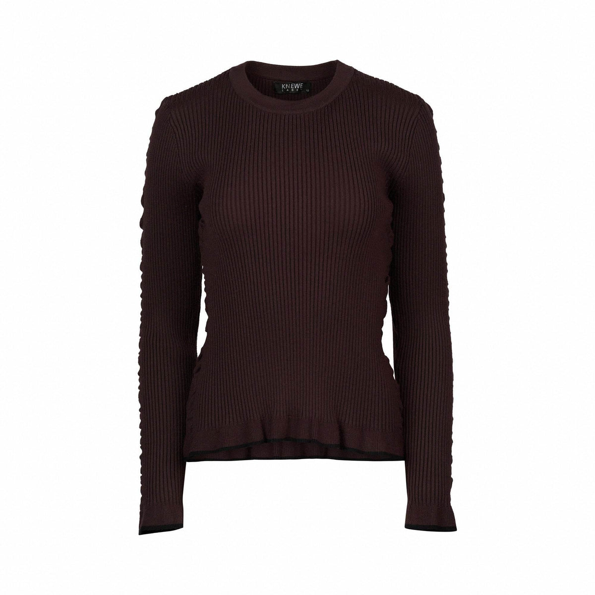 Chocolate brown ribbed knit sweater with long sleeves and crew neck, front view