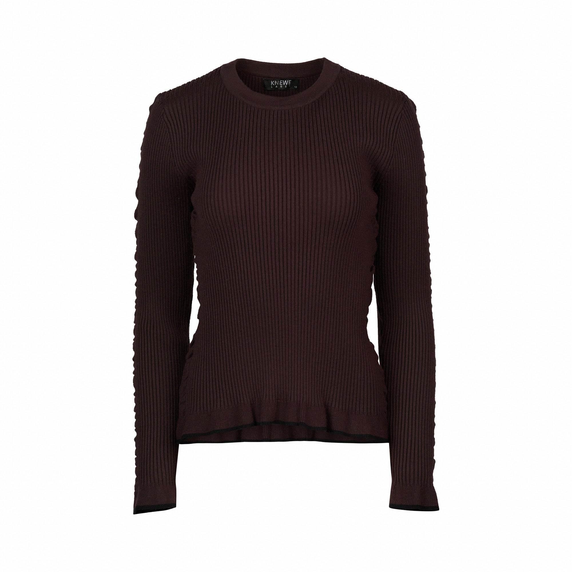 Chocolate brown ribbed knit sweater with long sleeves and crew neck, front view