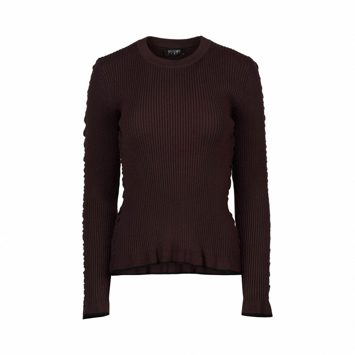 Chocolate brown ribbed knit sweater with long sleeves and crew neck, front view