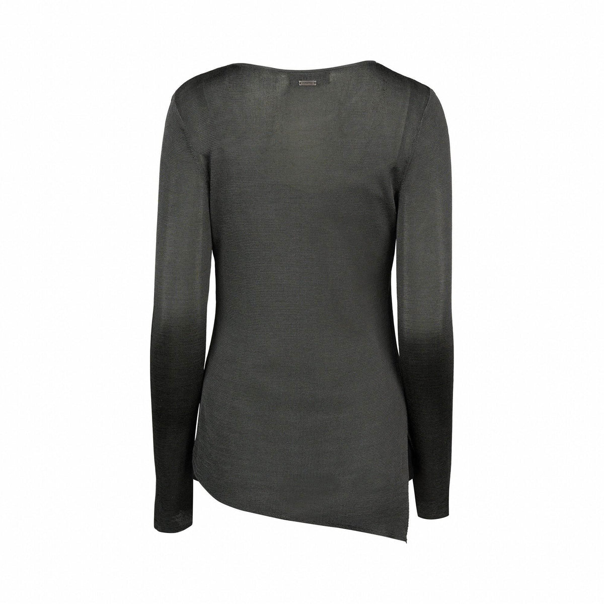 Back view of fog grey long sleeve knit sweater with asymmetric hem on white background