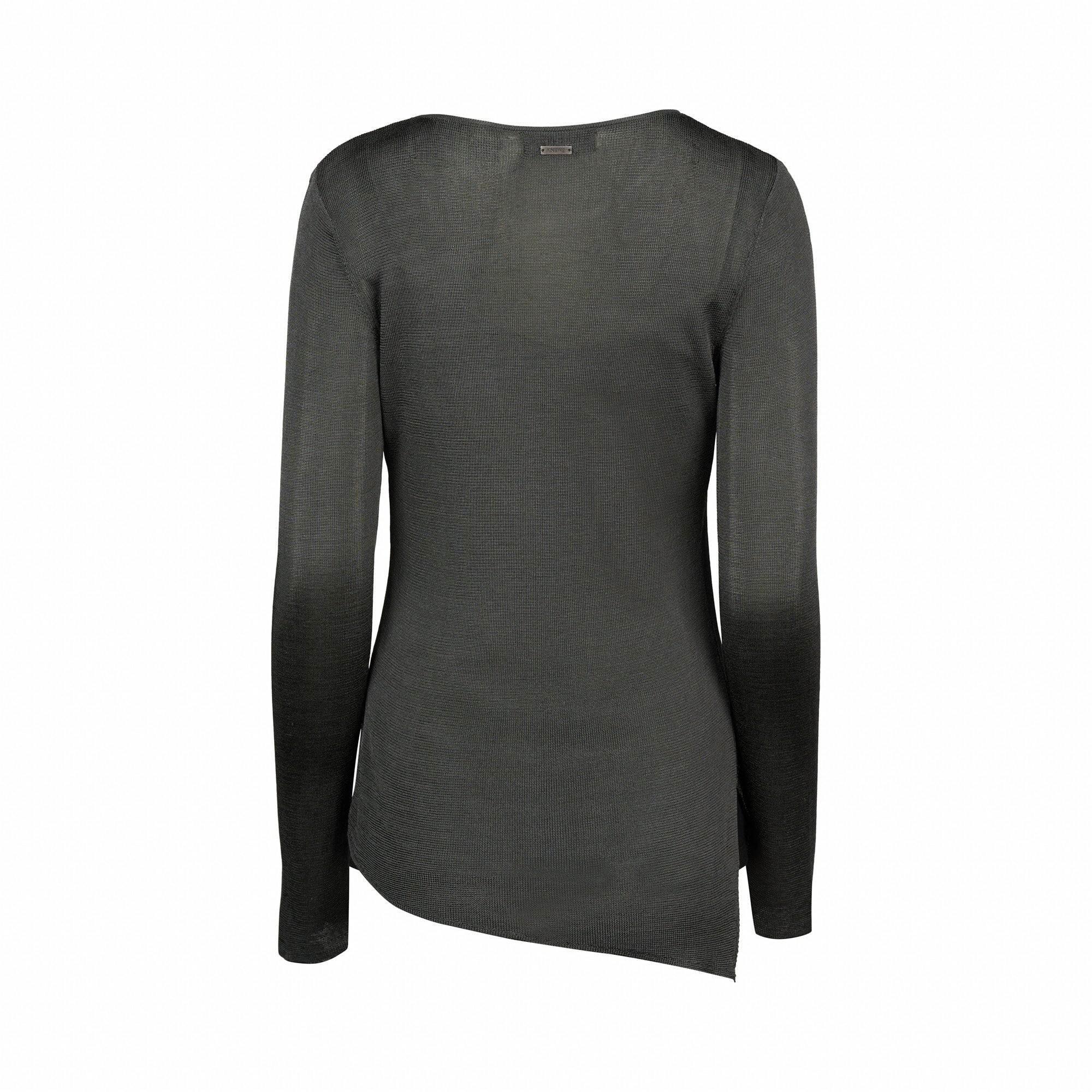 Back view of fog grey long sleeve knit sweater with asymmetric hem on white background