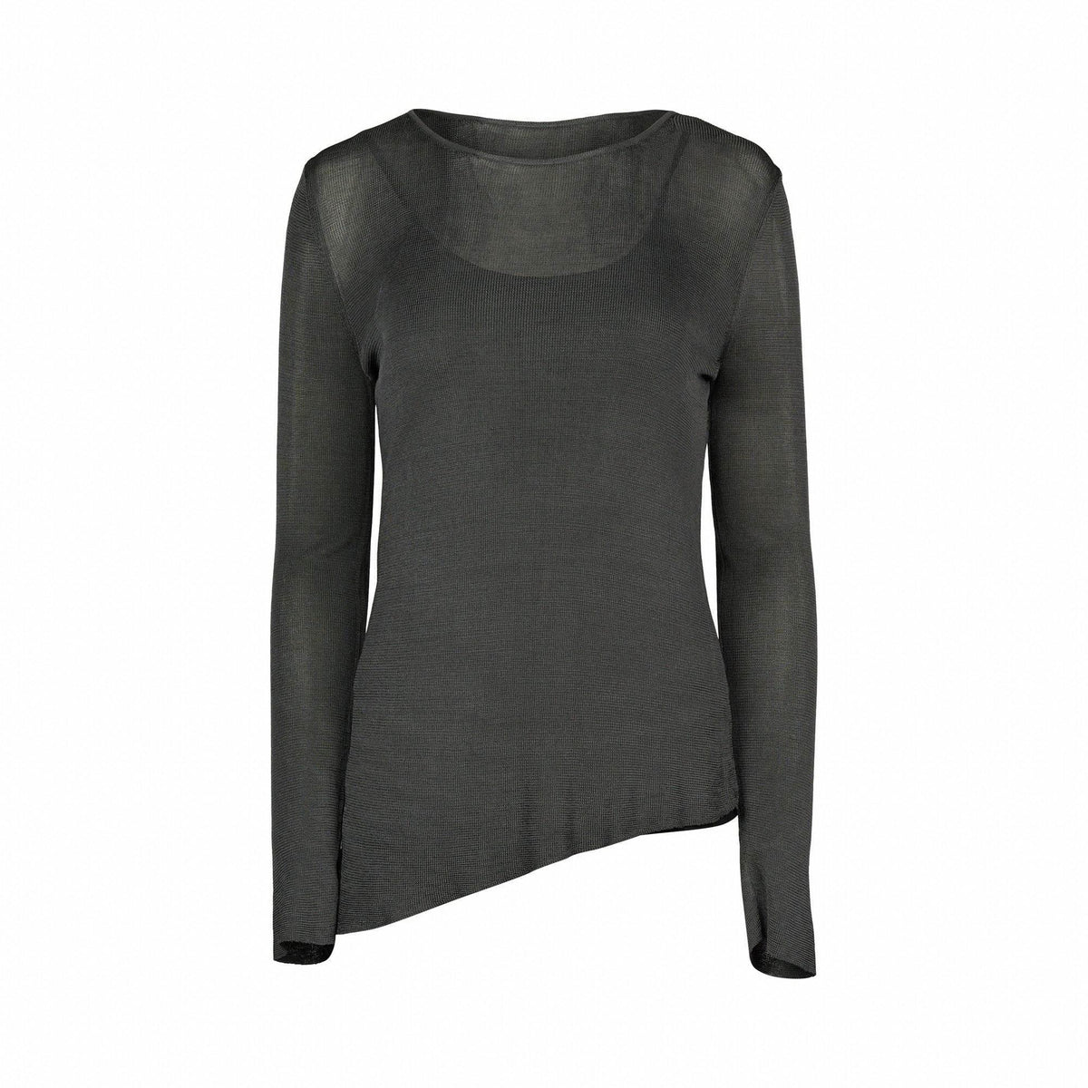 Sheer fog grey long sleeve knit sweater with asymmetric hem, scoop neckline, front view