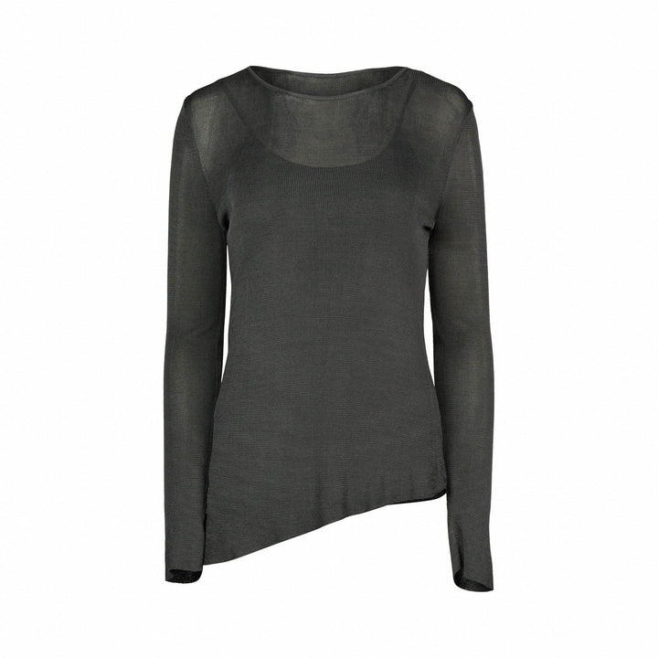 Sheer fog grey long sleeve knit sweater with asymmetric hem, scoop neckline, front view