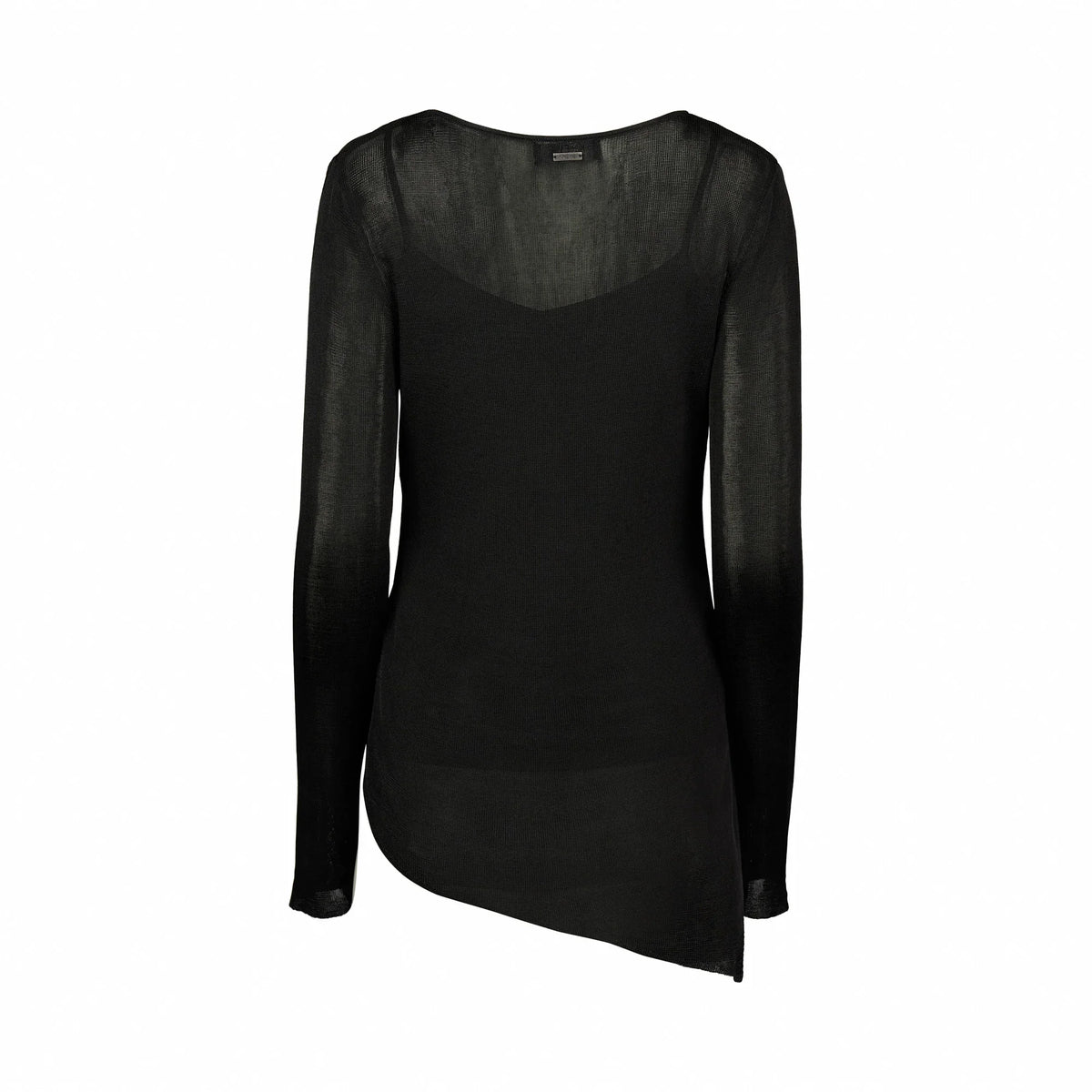 Black long sleeve knit sweater with asymmetrical hem, back view on white background