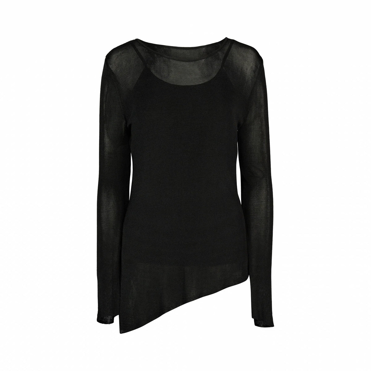Black long sleeve knit sweater with sheer fabric and asymmetrical hem on white background