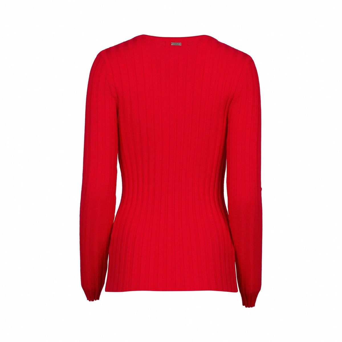 Back view of a ribbed red knit sweater with long sleeves on a white background.