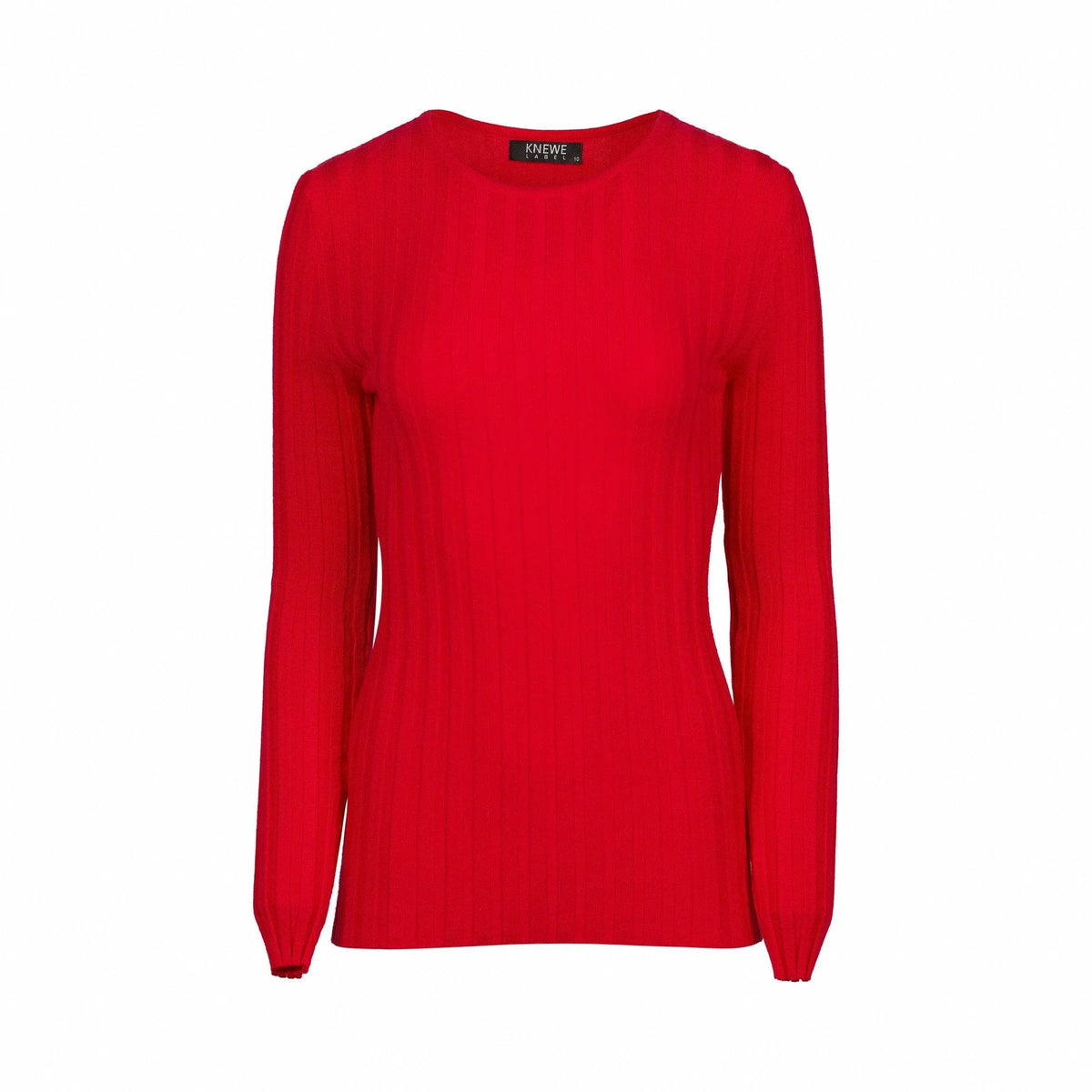 Bright red ribbed knit sweater with long sleeves and crew neck on white background