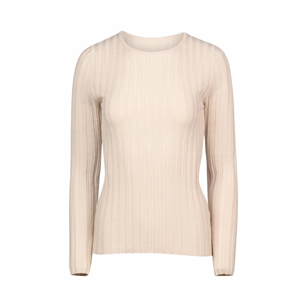 women's oatmeal ribbed knit sweater with long sleeves and crew neck on white background