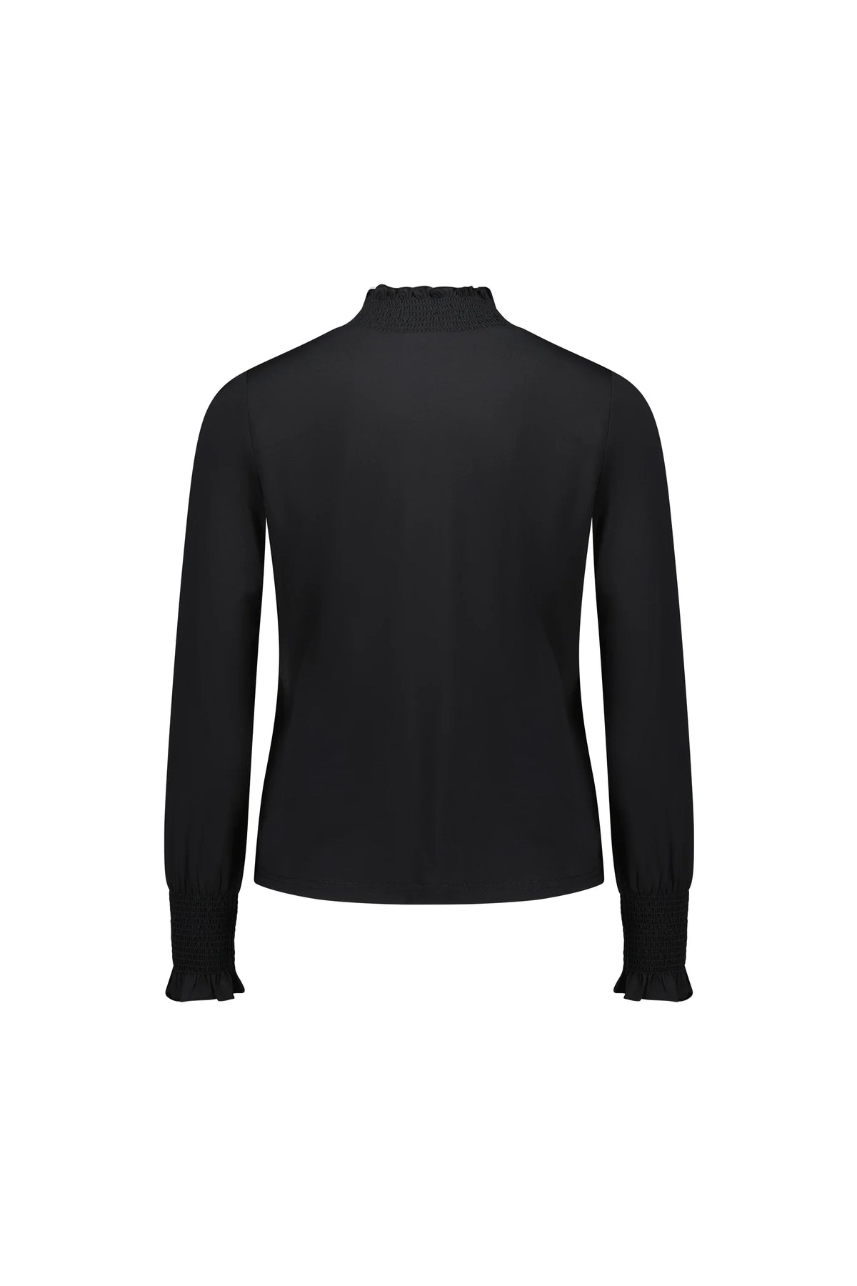Back view of long sleeve black blouse with shirred cuffs and neckline, isolated on white