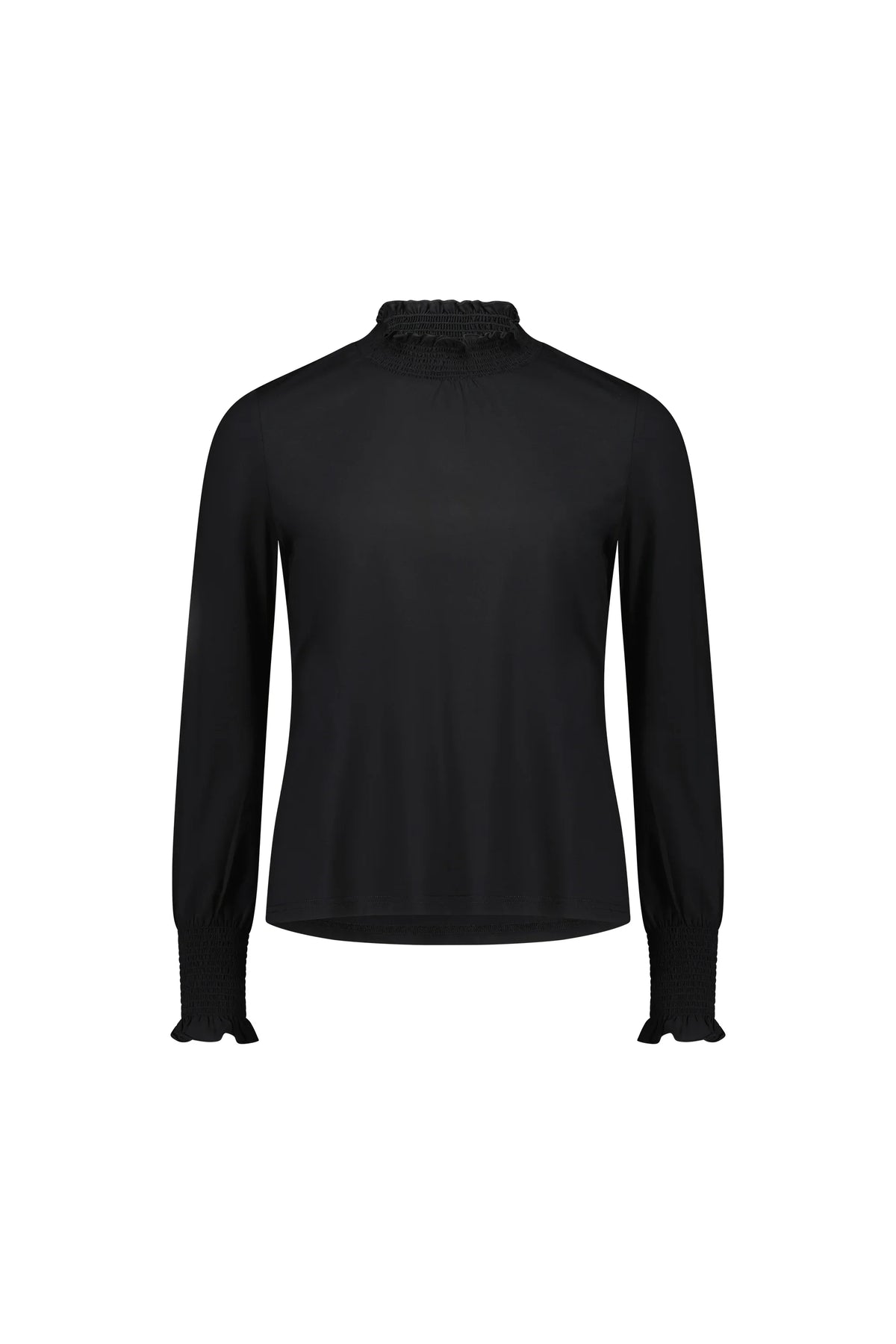 Black long sleeve blouse with shirred high neck and cuffs, modern minimalist design