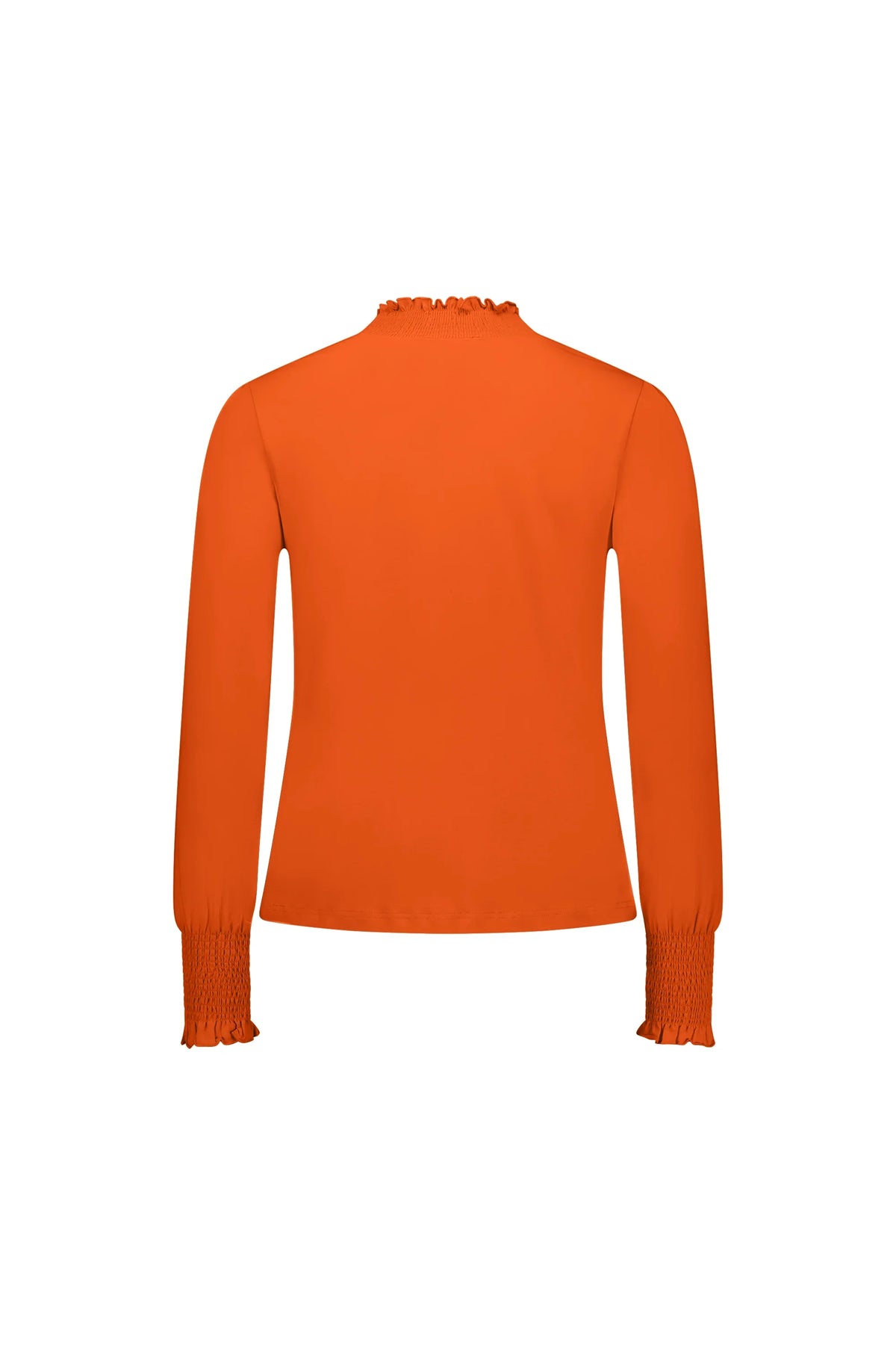 Back view of orange long sleeve top with shirred cuffs and ruffled high neckline