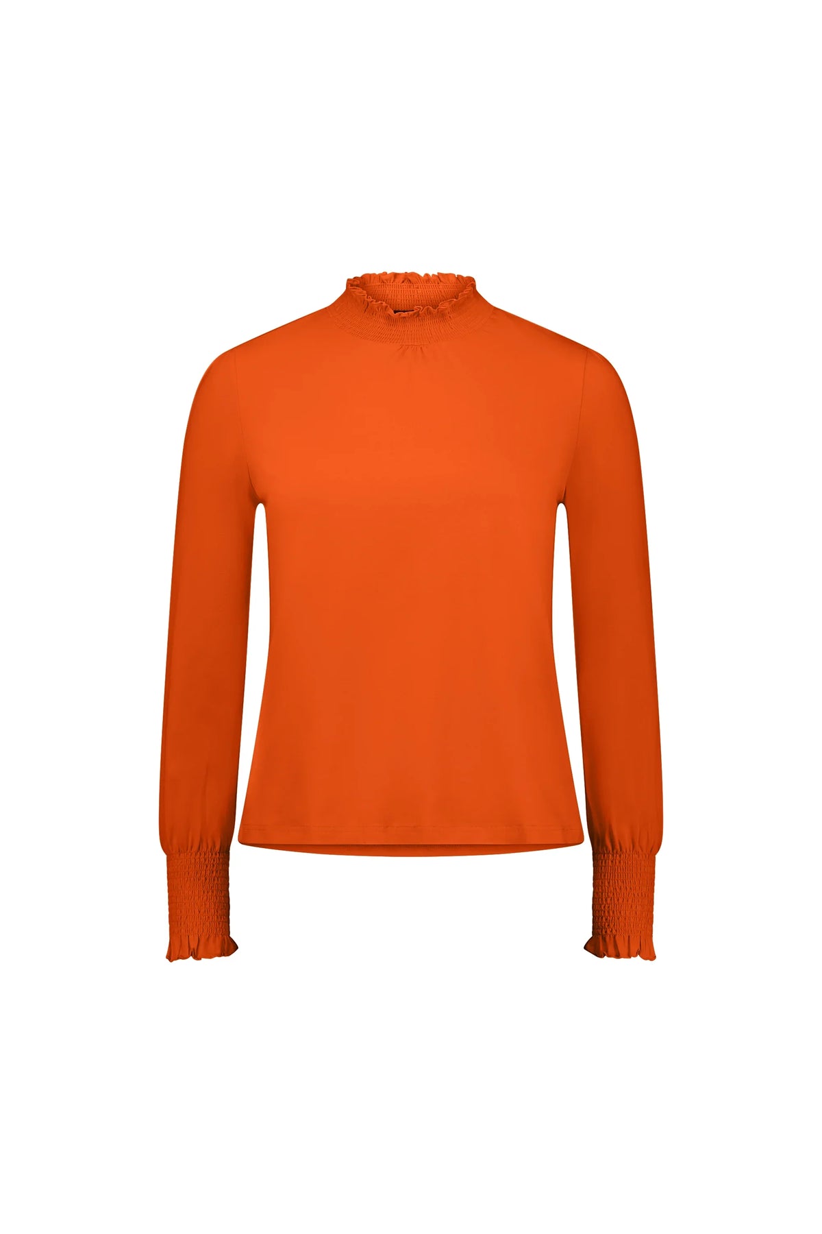 Bright orange long sleeve top with shirred cuffs and mock neck, displayed on a white background.
