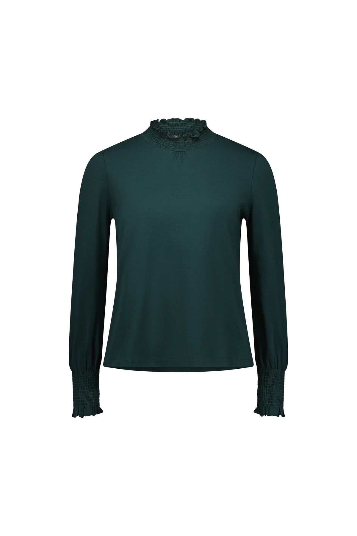 Dark green long sleeve blouse with ruffled mock neck and smocked cuffs on white background
