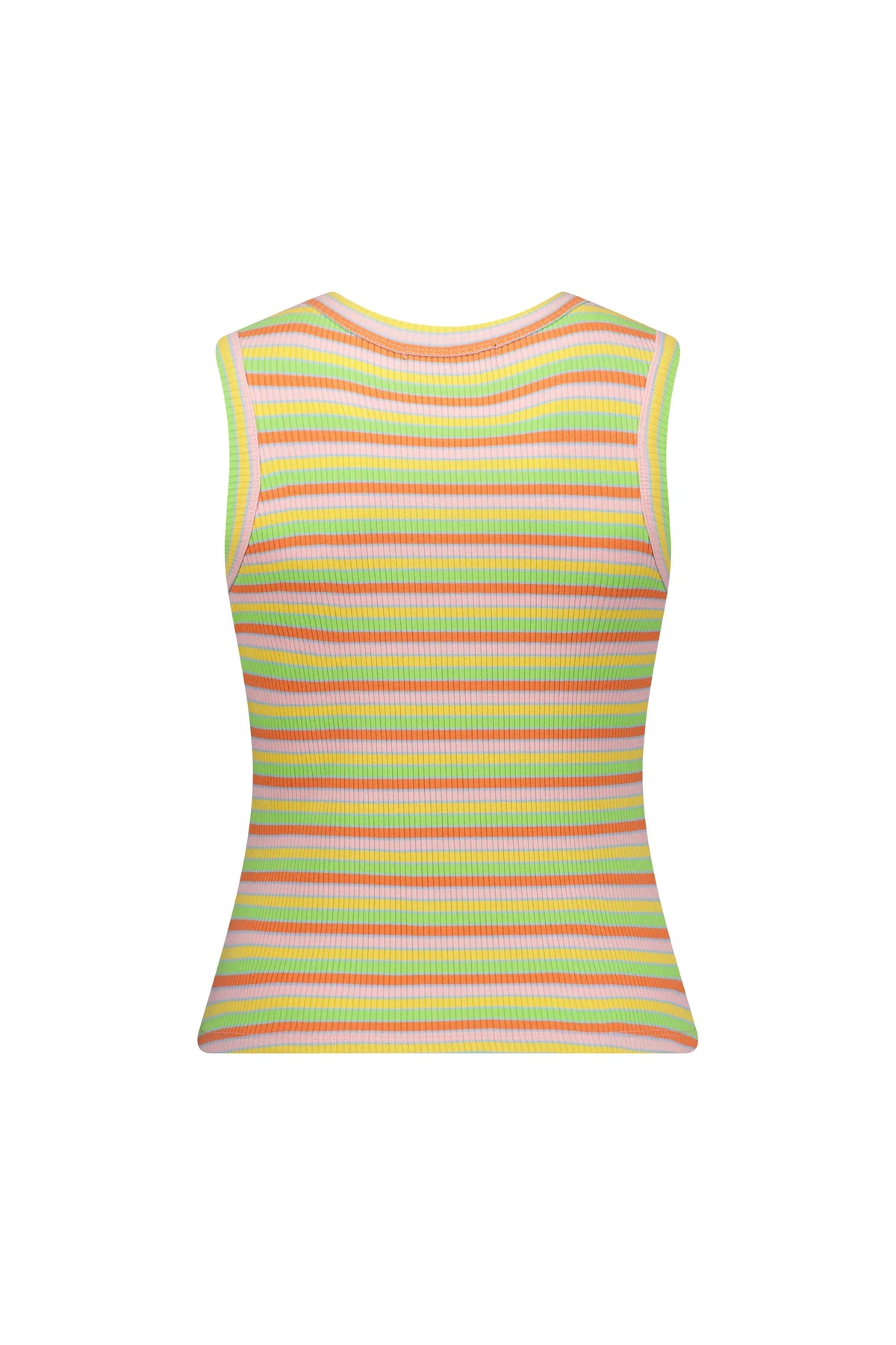 Back view of sleeveless ribbed tank top with colorful horizontal stripes
