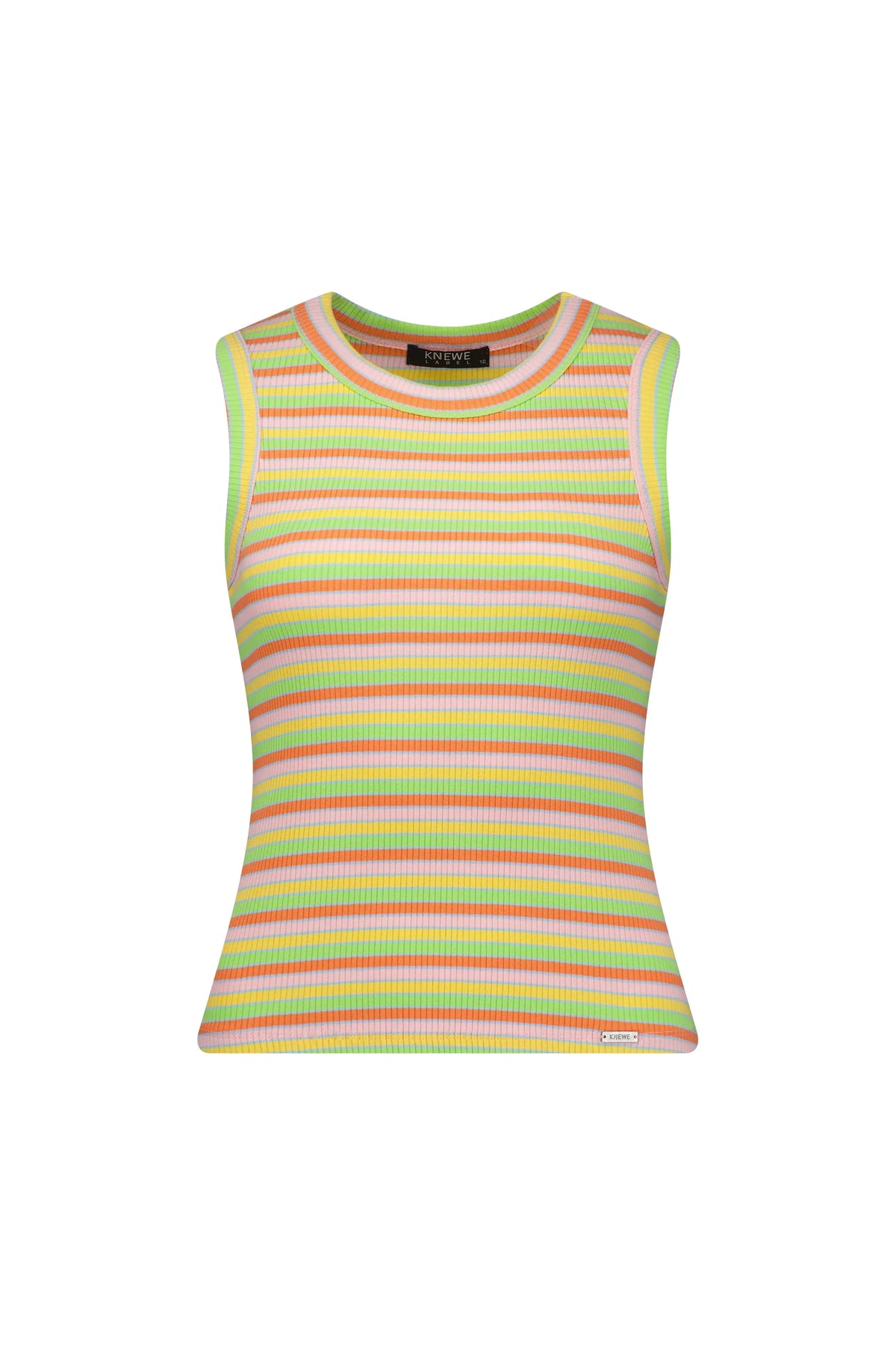 Sleeveless ribbed tank top with colorful horizontal stripes in yellow, orange, and pink