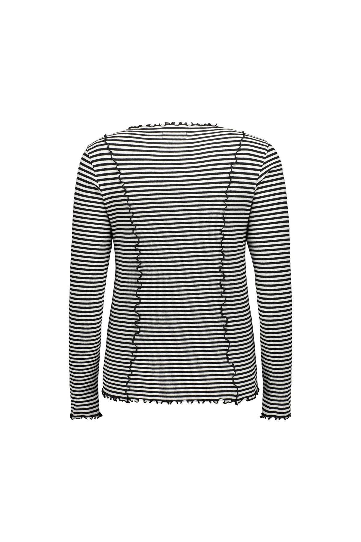 Back view of black and off-white striped long sleeve top with lettuce hem and wavy seams