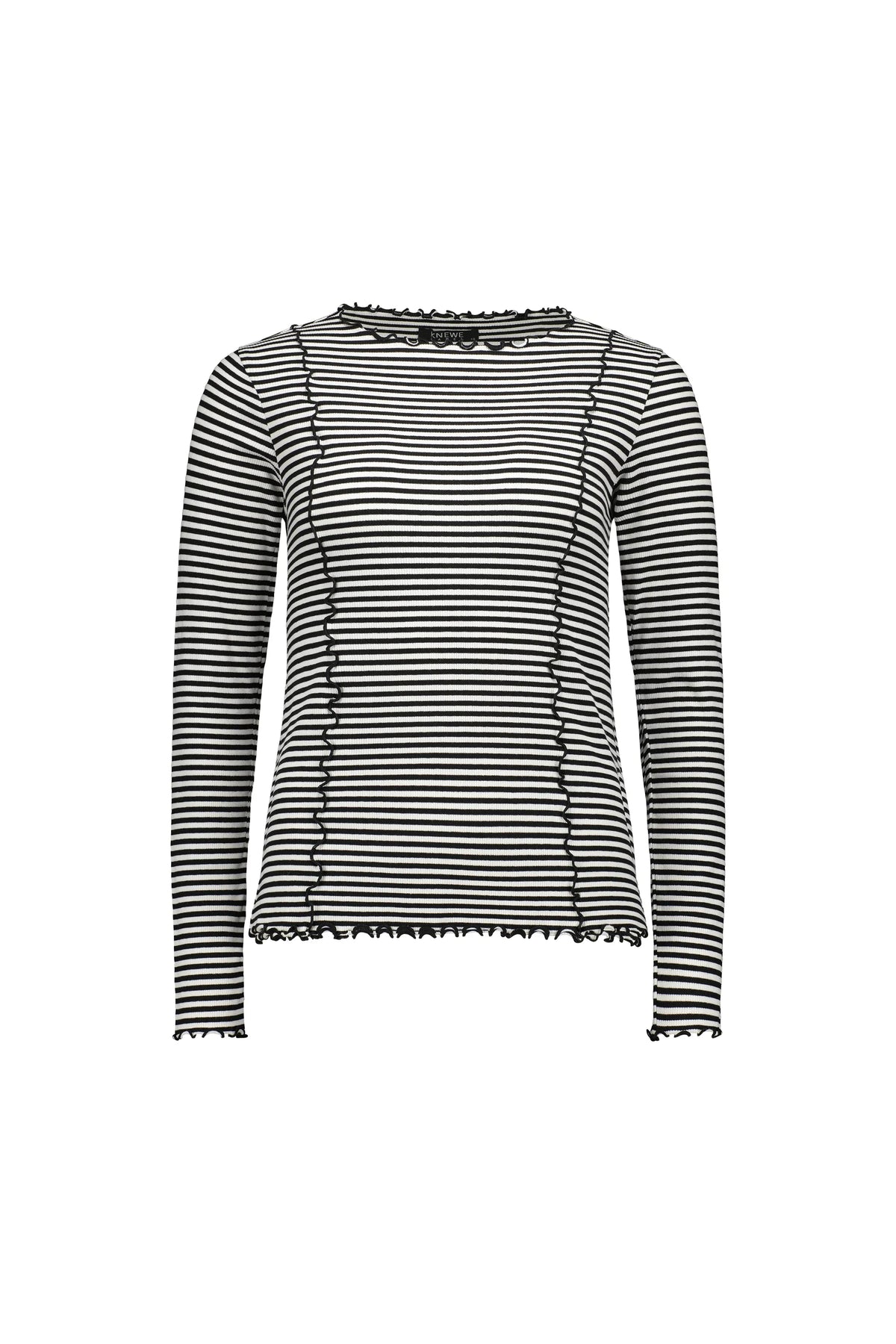Black and off-white striped long sleeve top with lettuce edge hem and seam details