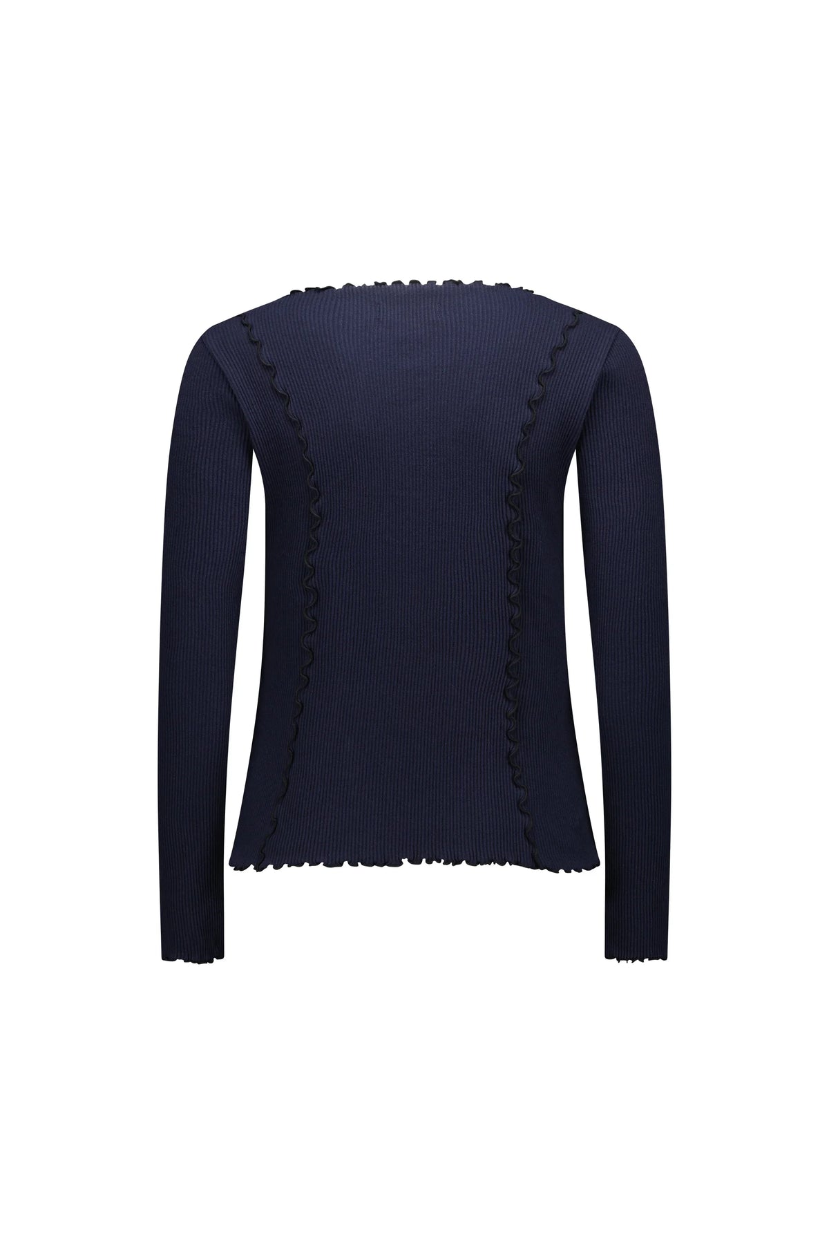 Navy long sleeve ribbed knit top with ruffled seams and scalloped edges, back view