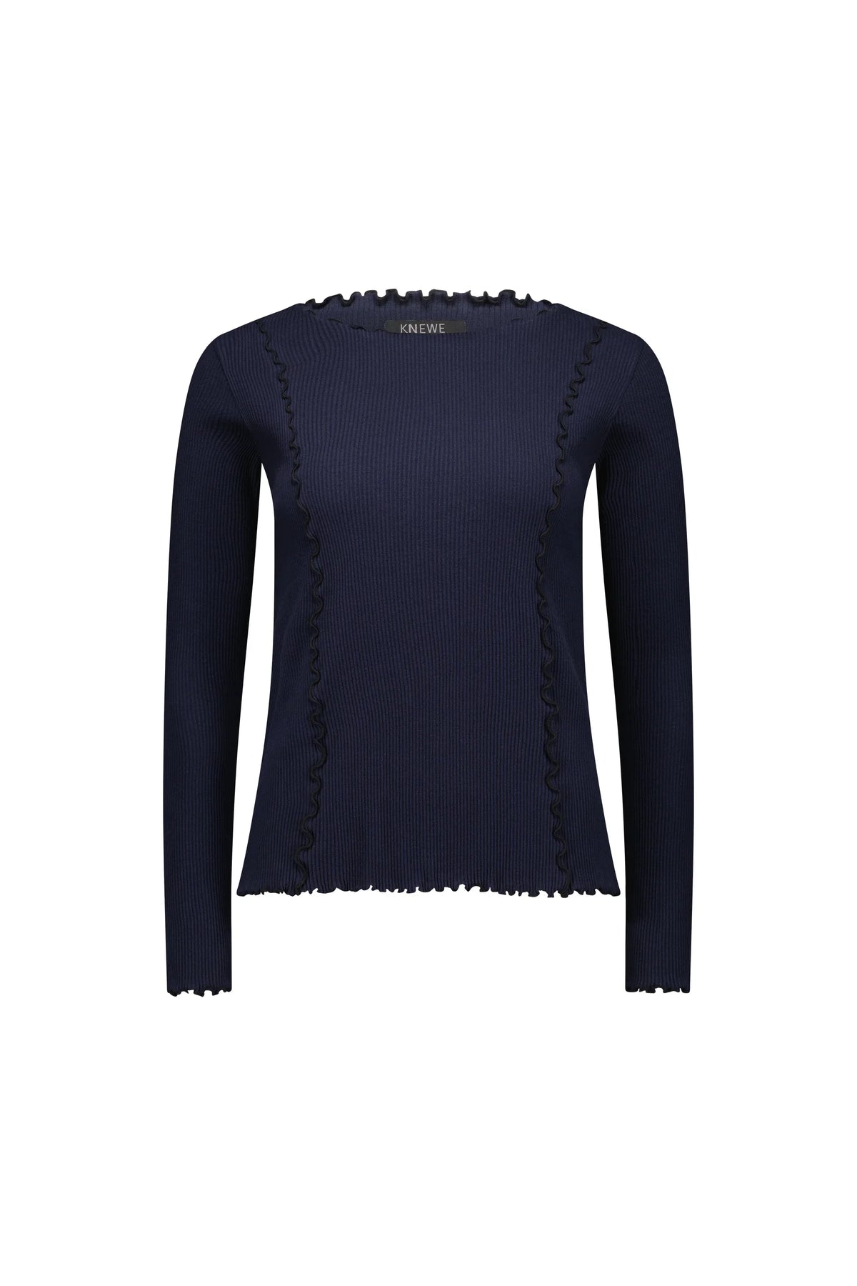 Navy long sleeve ribbed knit top with ruffled seams and lettuce edge details