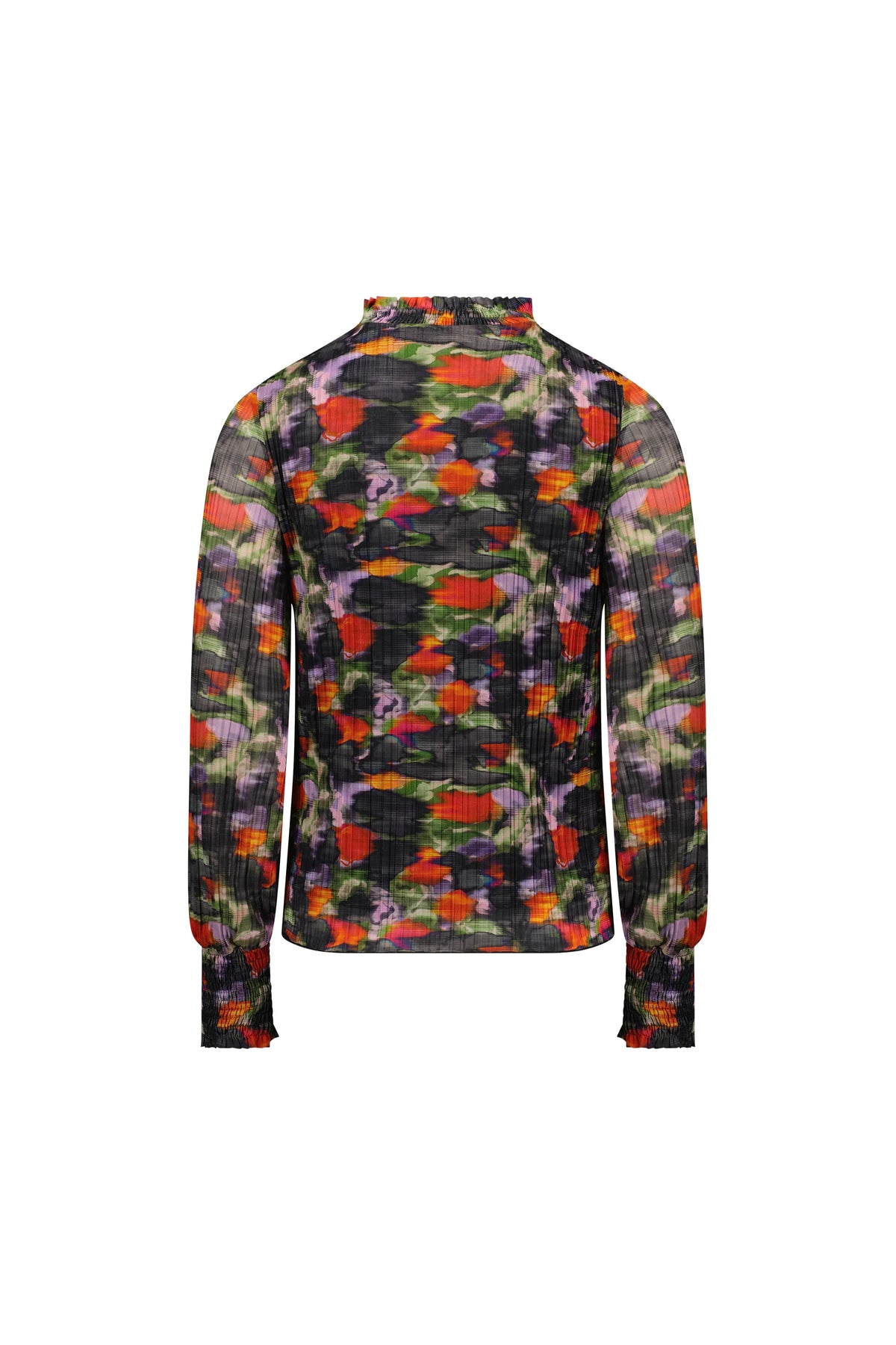 Back view of a long sleeve mesh top with colorful abstract floral print and smocked cuffs