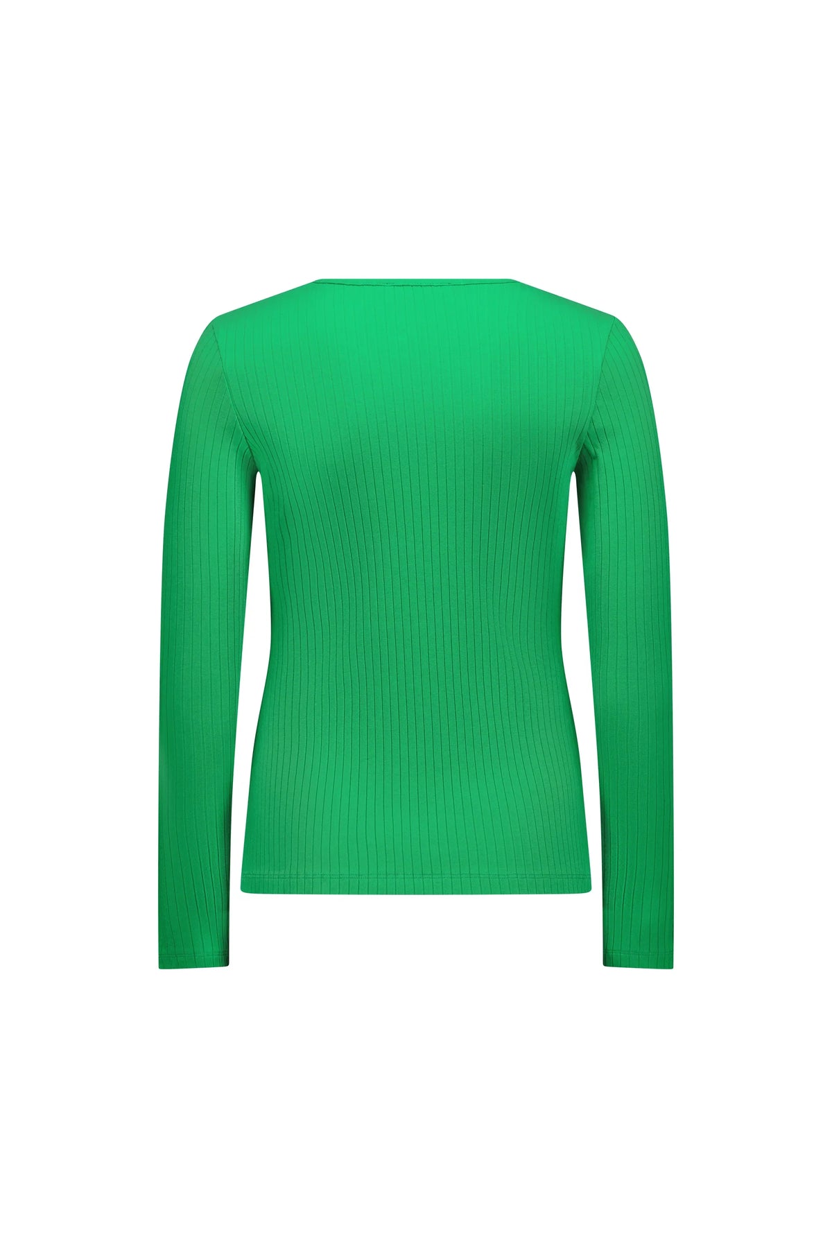 Back view of a vibrant green ribbed long sleeve knit top on white background