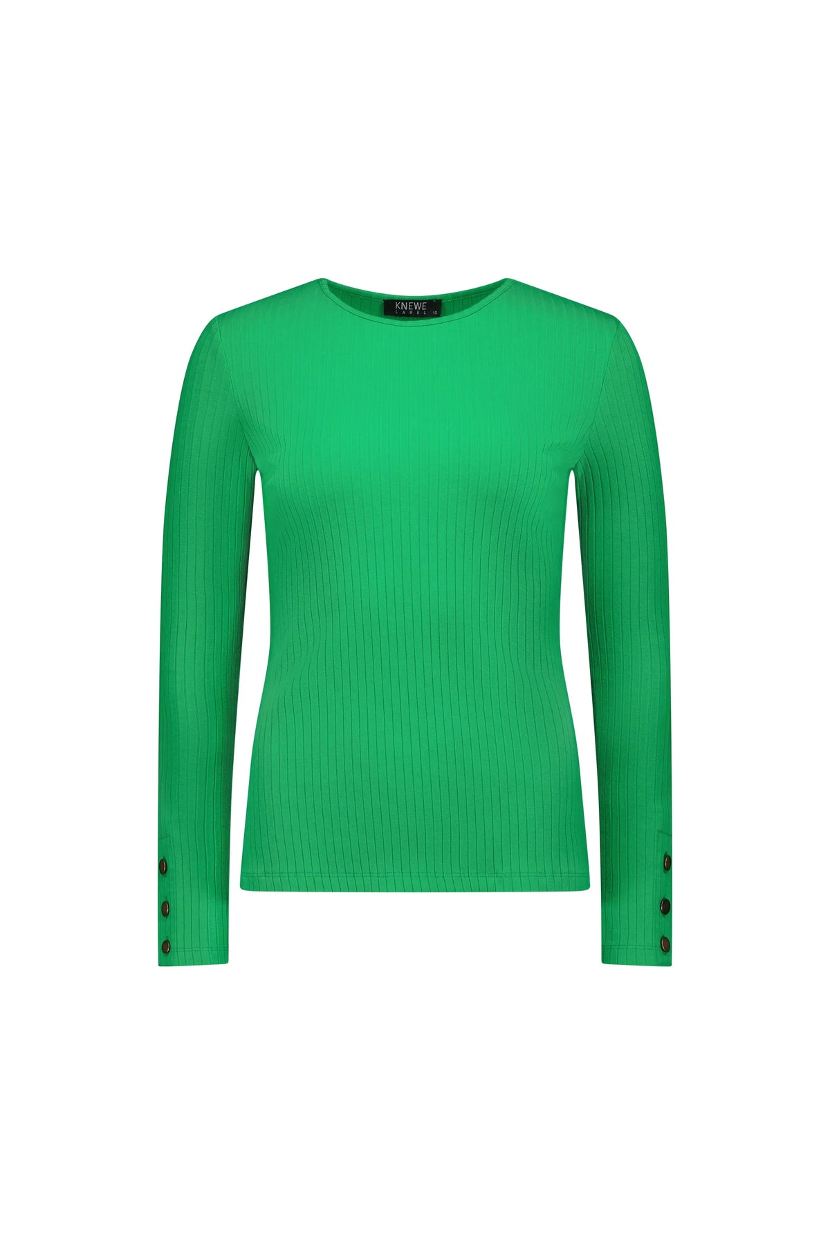 Green ribbed long sleeve knit top with button detail on cuffs, crew neck, front view
