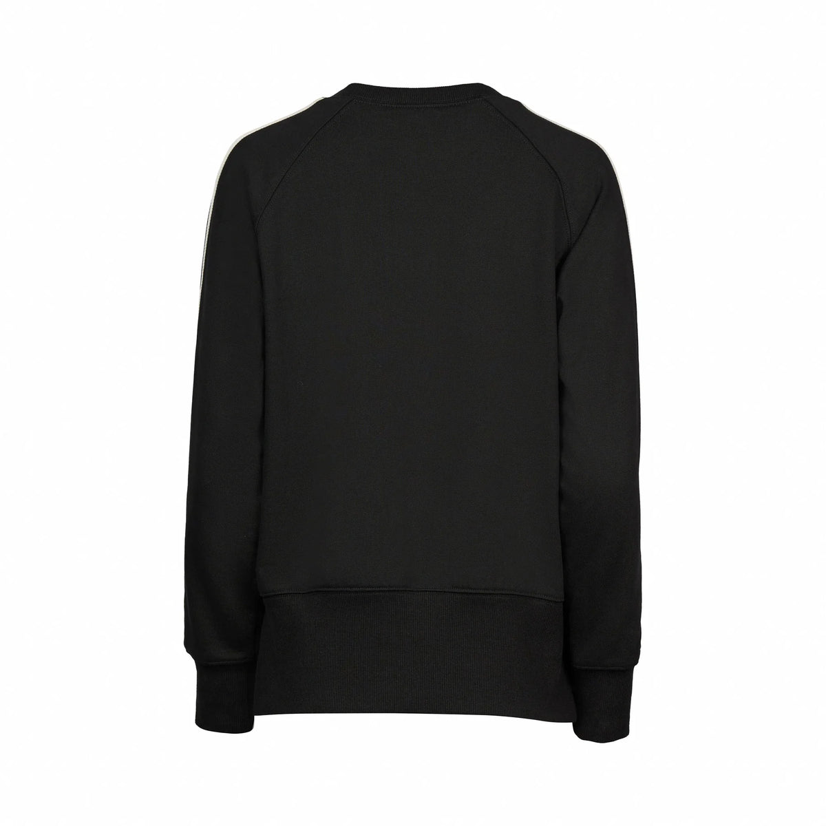Back view of plain black women's jumper with long sleeves and ribbed cuffs