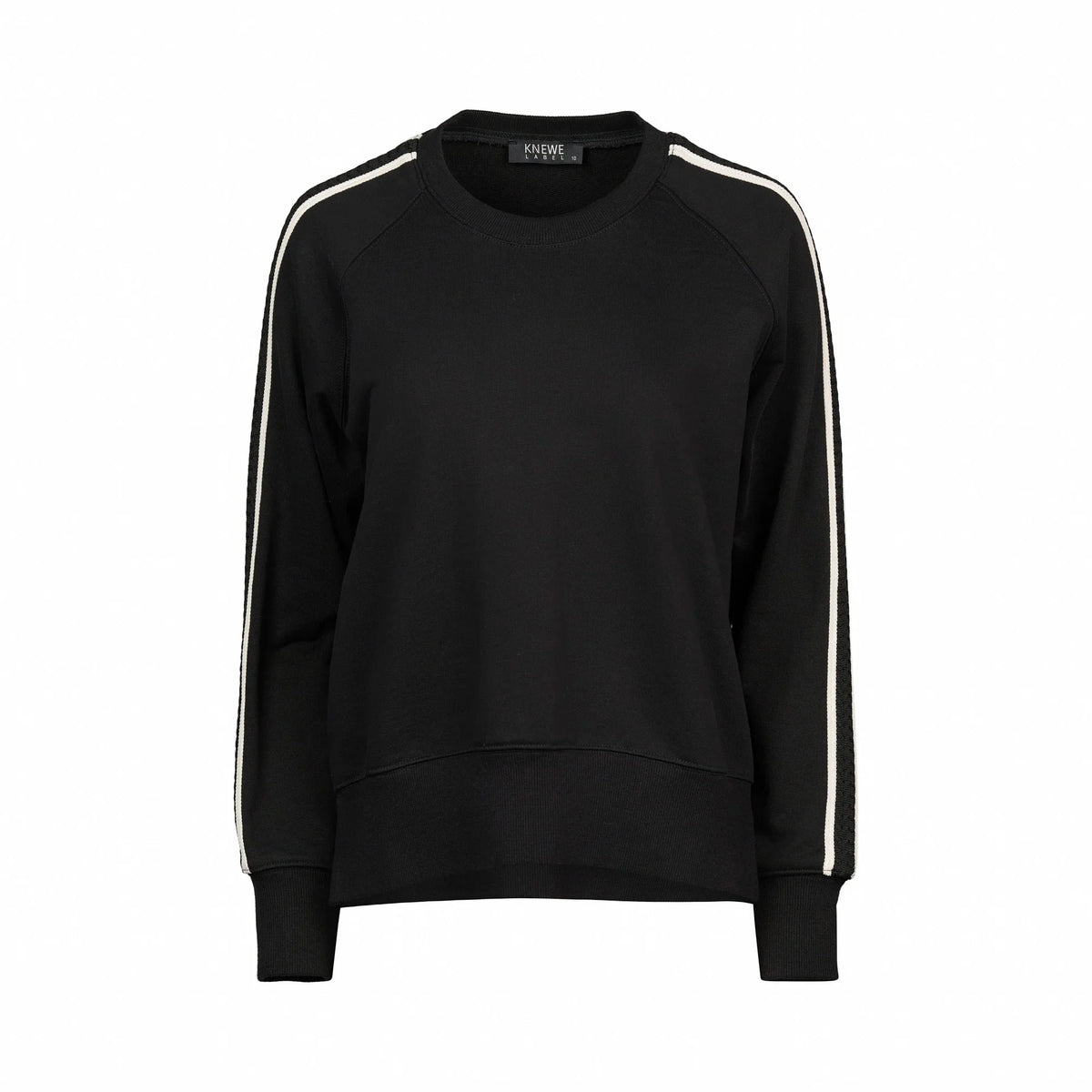 Black crew neck jumper with white side stripes on sleeves, stylish knitwear fashion