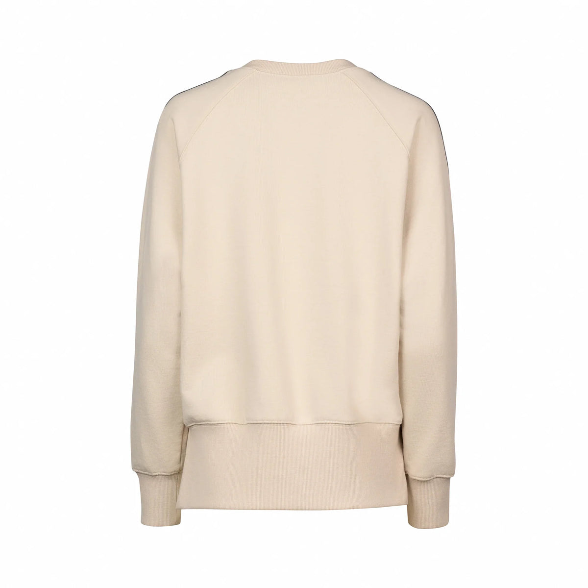 Back view of stone beige knit jumper with long sleeves and ribbed cuffs.