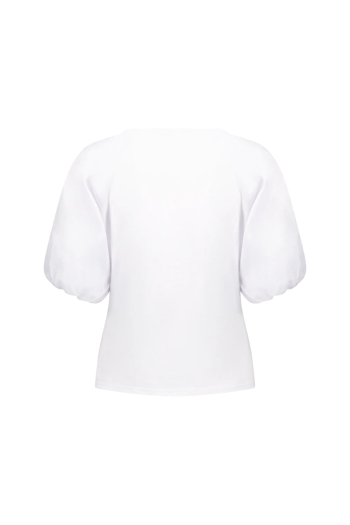 Back view of white puff sleeve blouse on plain background, contemporary fashion top