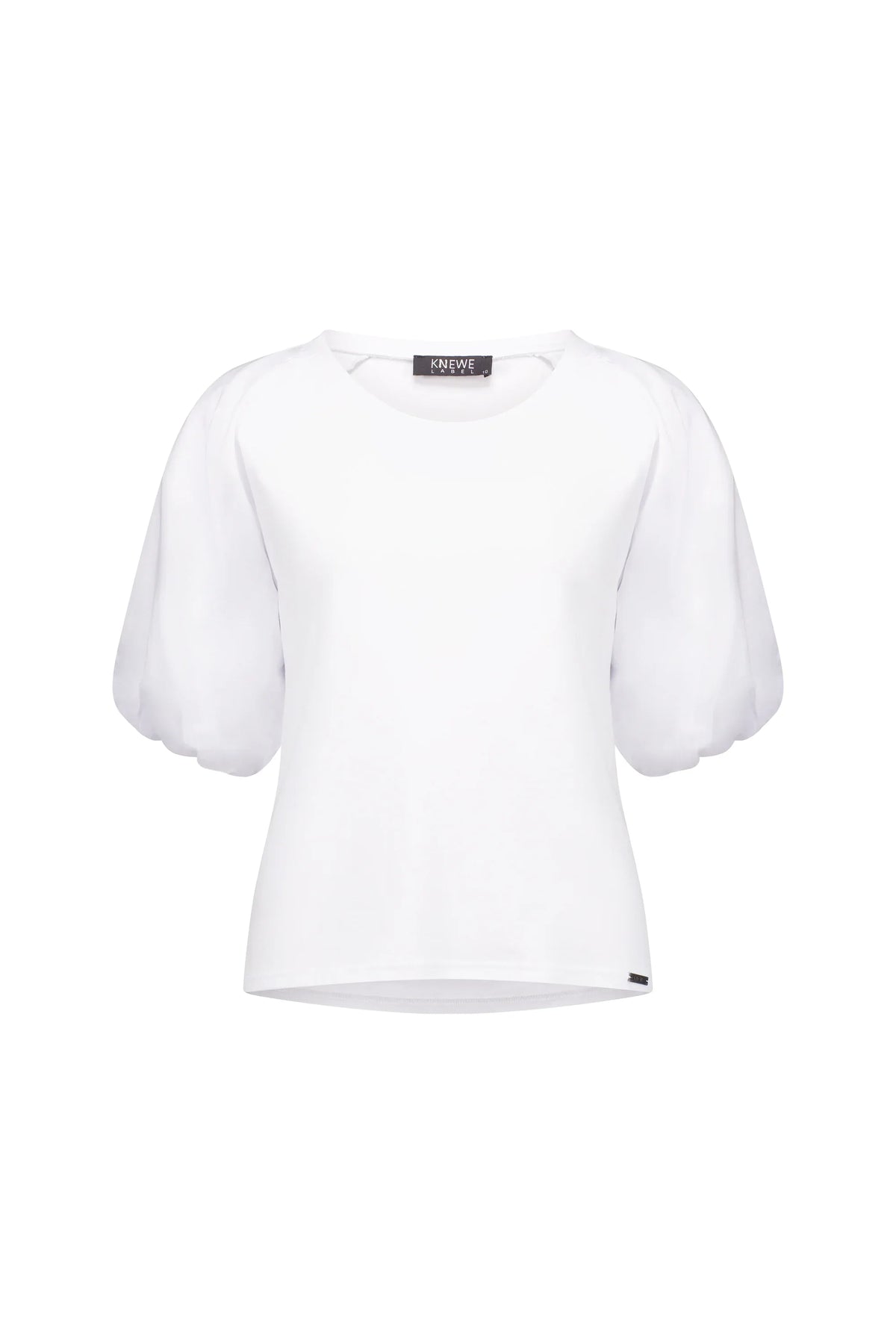 White short-sleeve top with puff sleeves and round neckline, contemporary women’s fashion