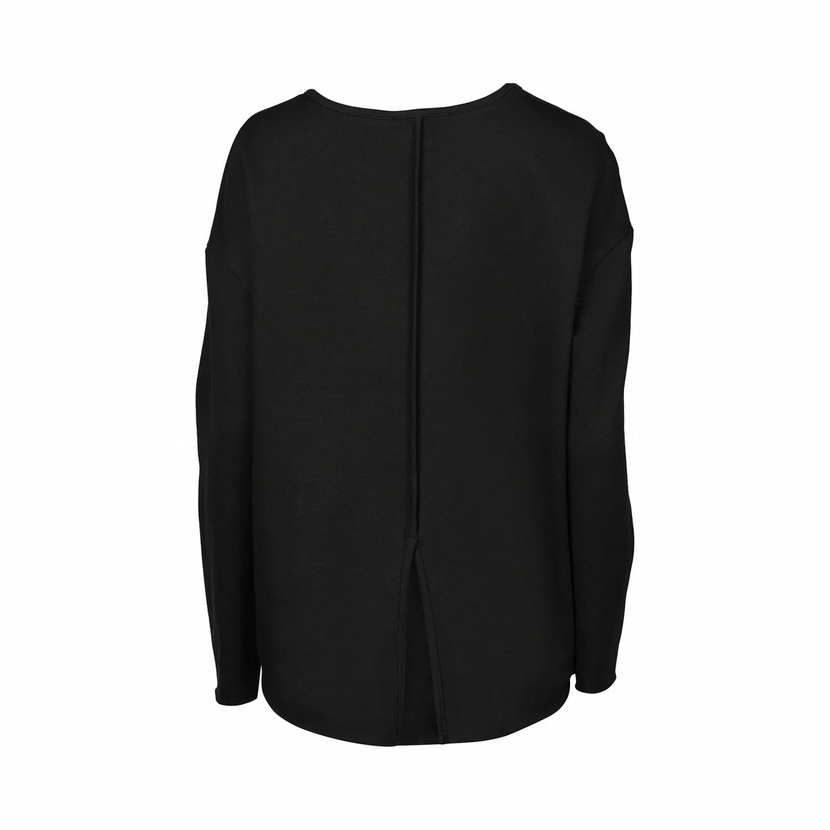 Back view of black long sleeve top with center seam and split hem