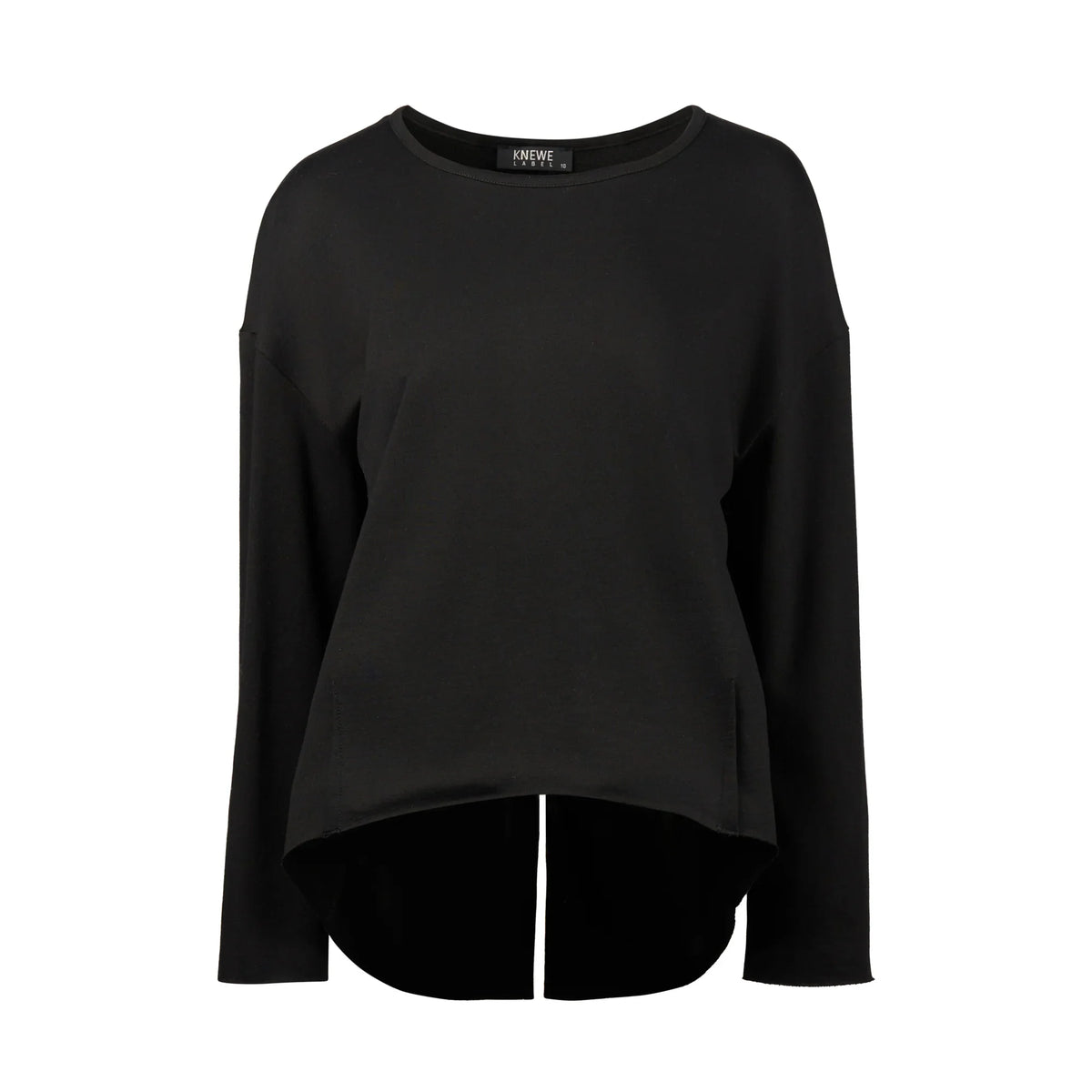 black long sleeve knit top with high-low hem and front split, displayed on white background