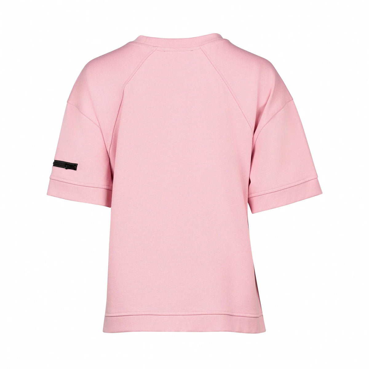 Back view of a rose pink short sleeve tee with black zip detail on left sleeve