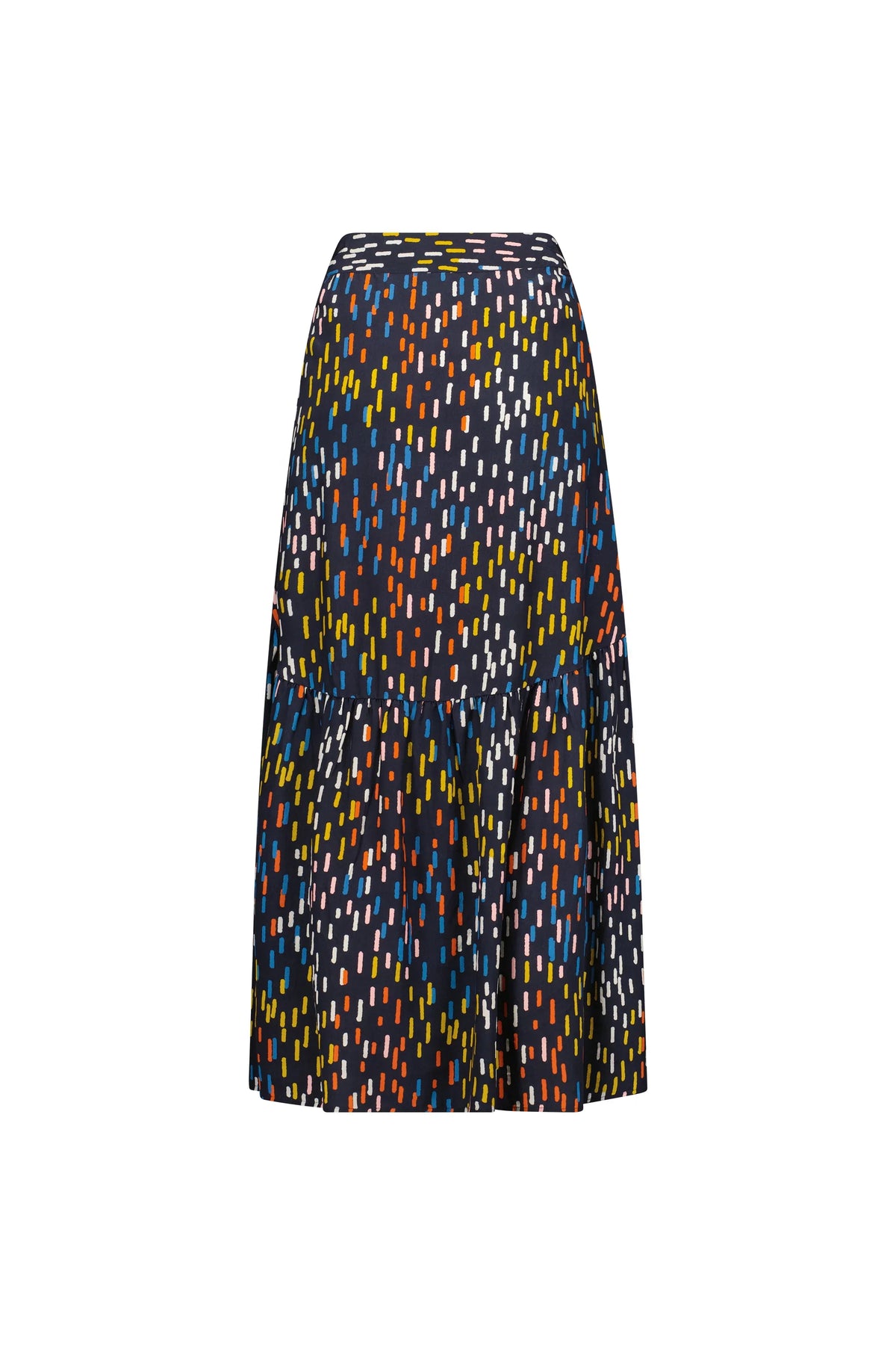 Back view of a navy midi skirt with colorful abstract dash print and gathered hem detail