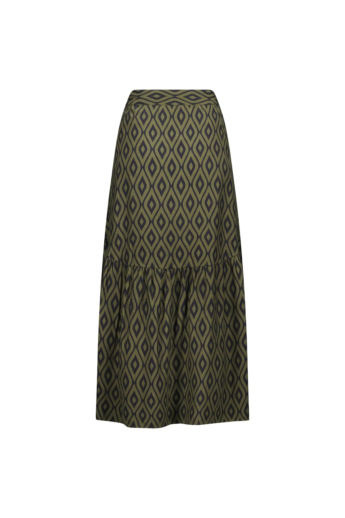 Back view of a midi skirt with olive green and black geometric diamond pattern.