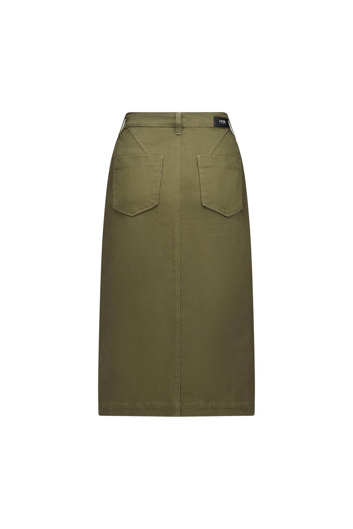 Back view of khaki midi skirt with two rear patch pockets, casual women’s fashion