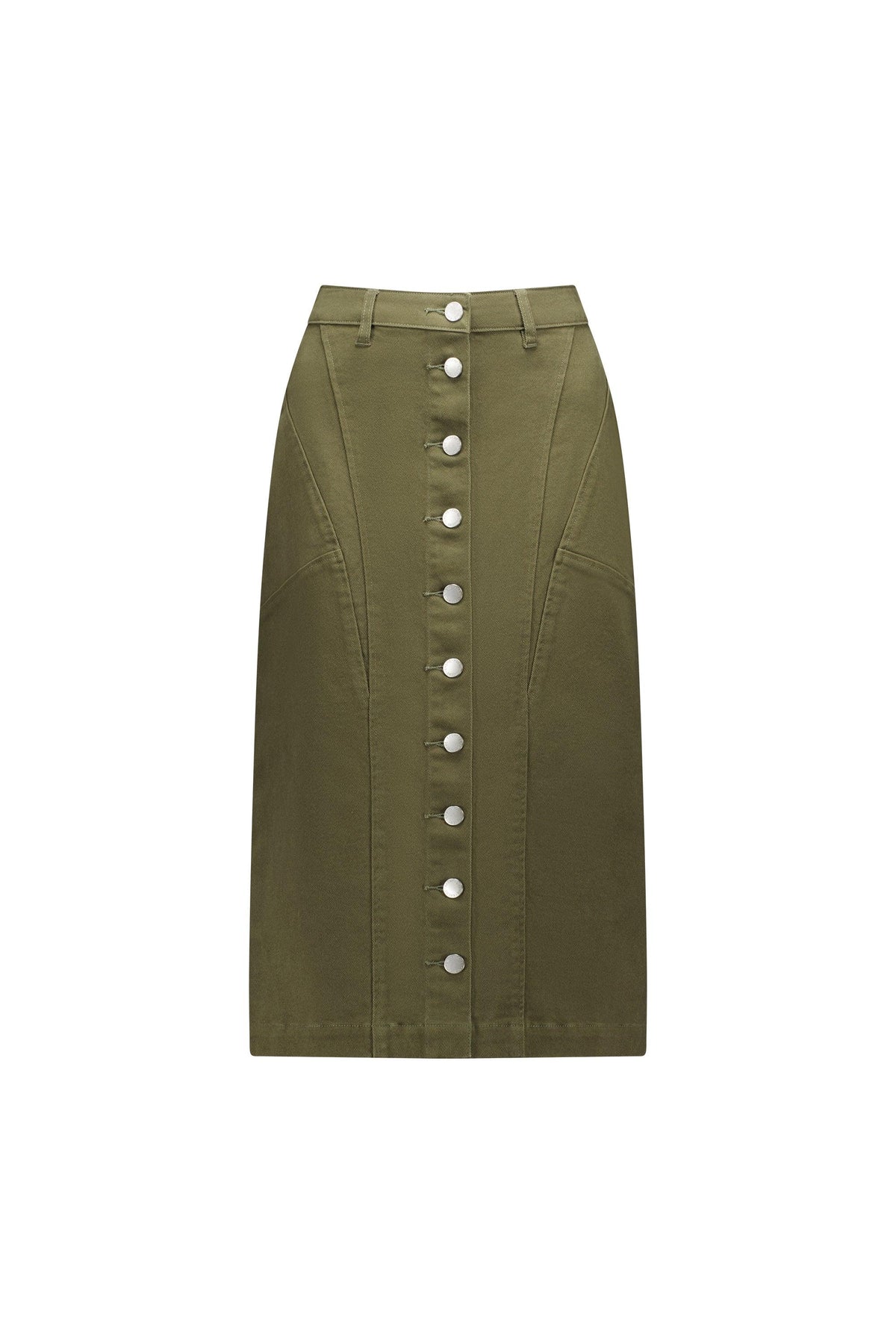 Khaki midi skirt with front button detail and belt loops, contemporary women's fashion.