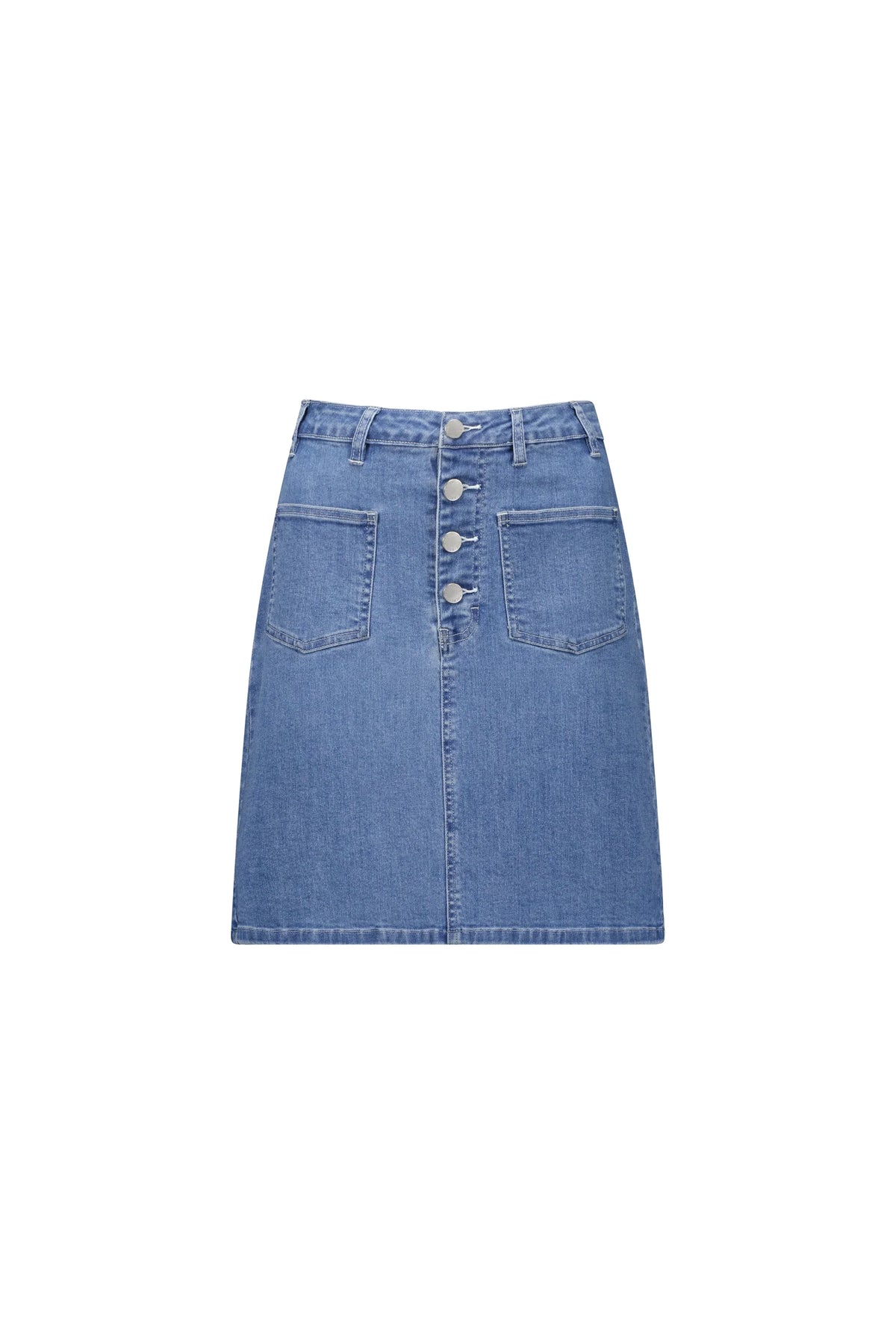 Front view of a blue denim A-line skirt with button-up front and large pockets