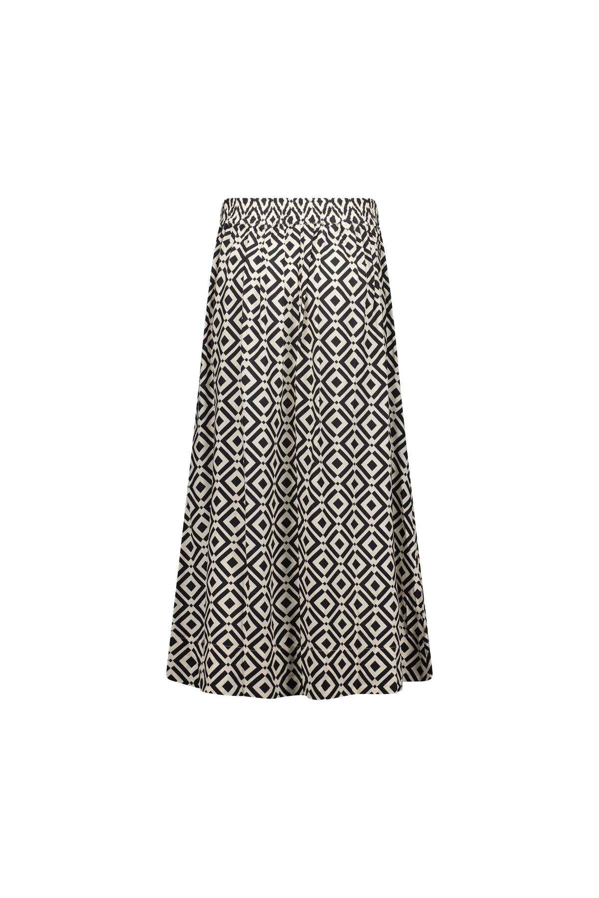 Black and white geometric print midi skirt with elastic waist, back view on white background