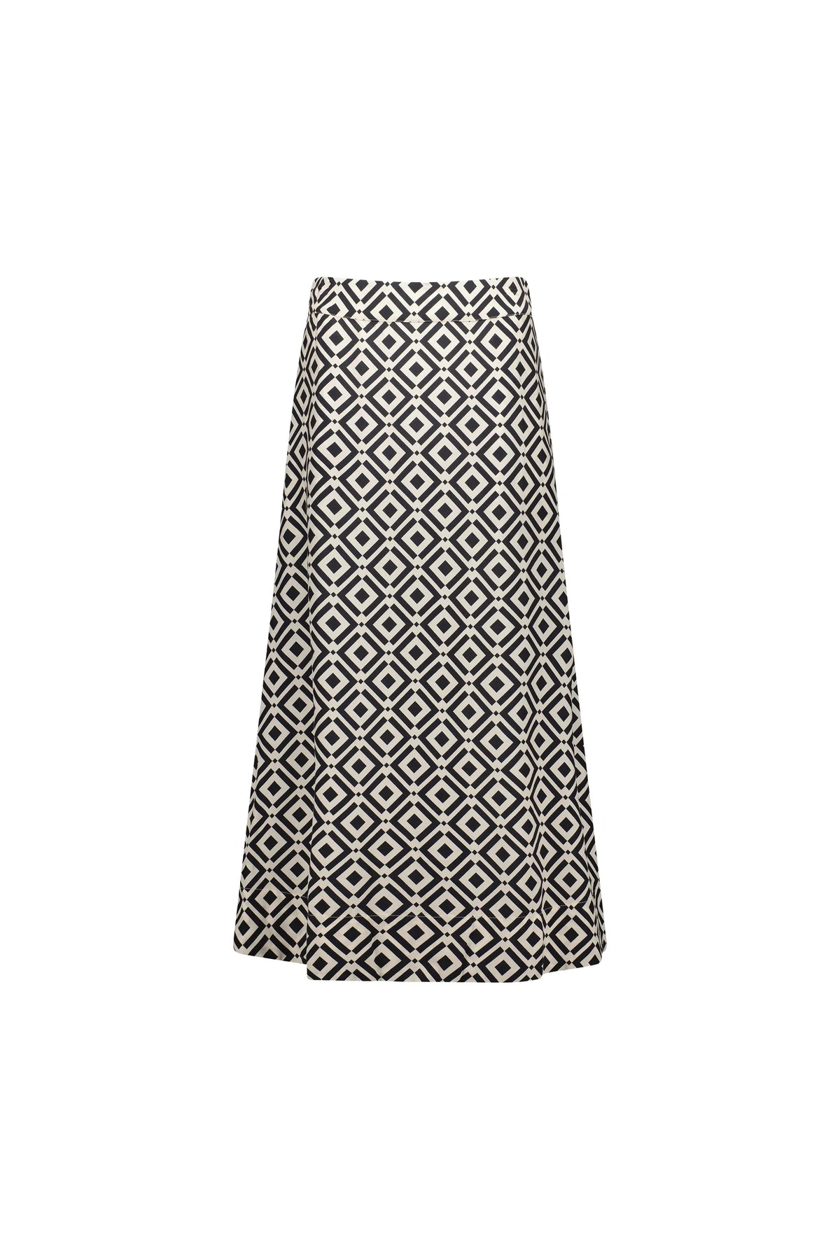 A-line skirt with black and white geometric diamond pattern on white background