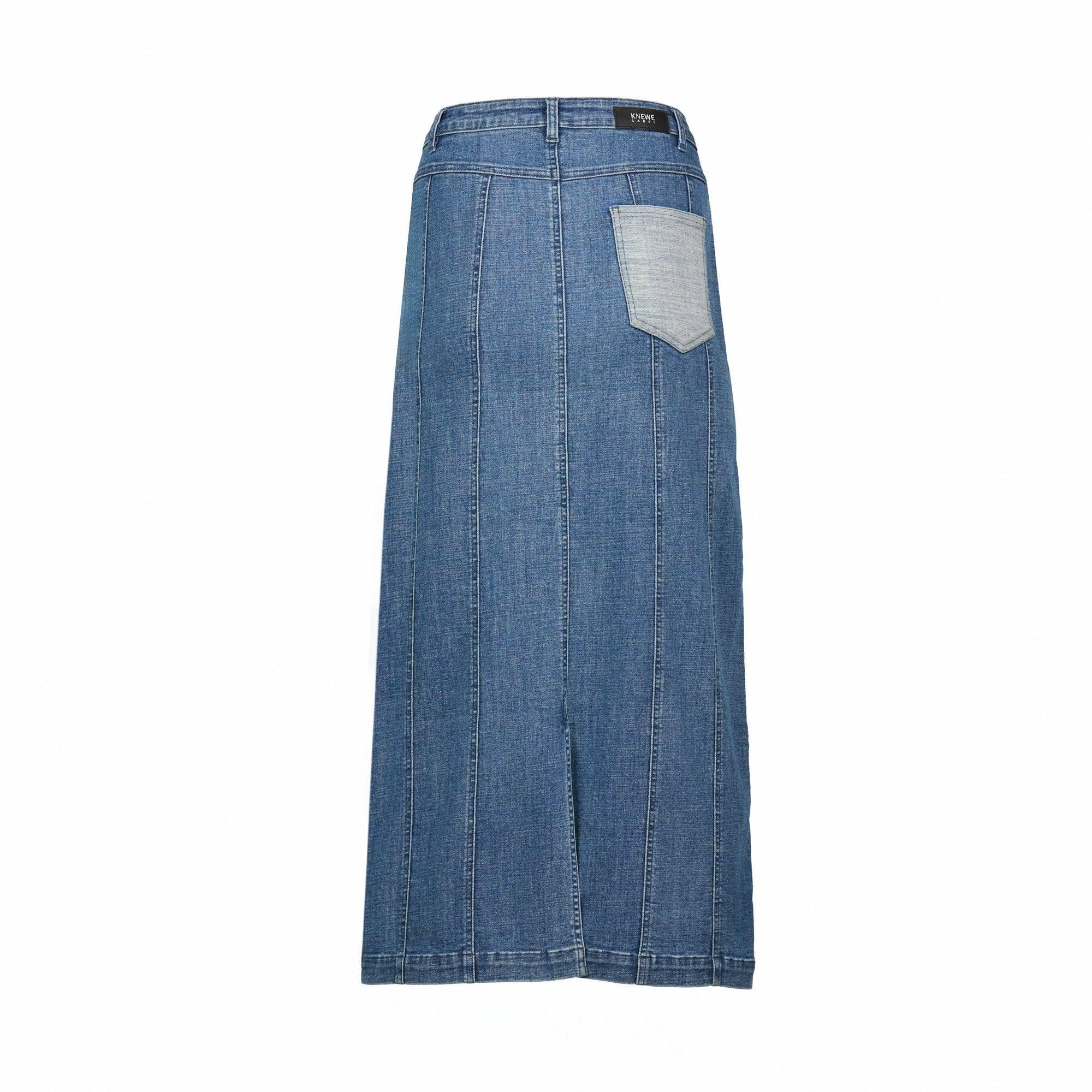 Back view of blue denim maxi skirt with single back pocket and panel seam details