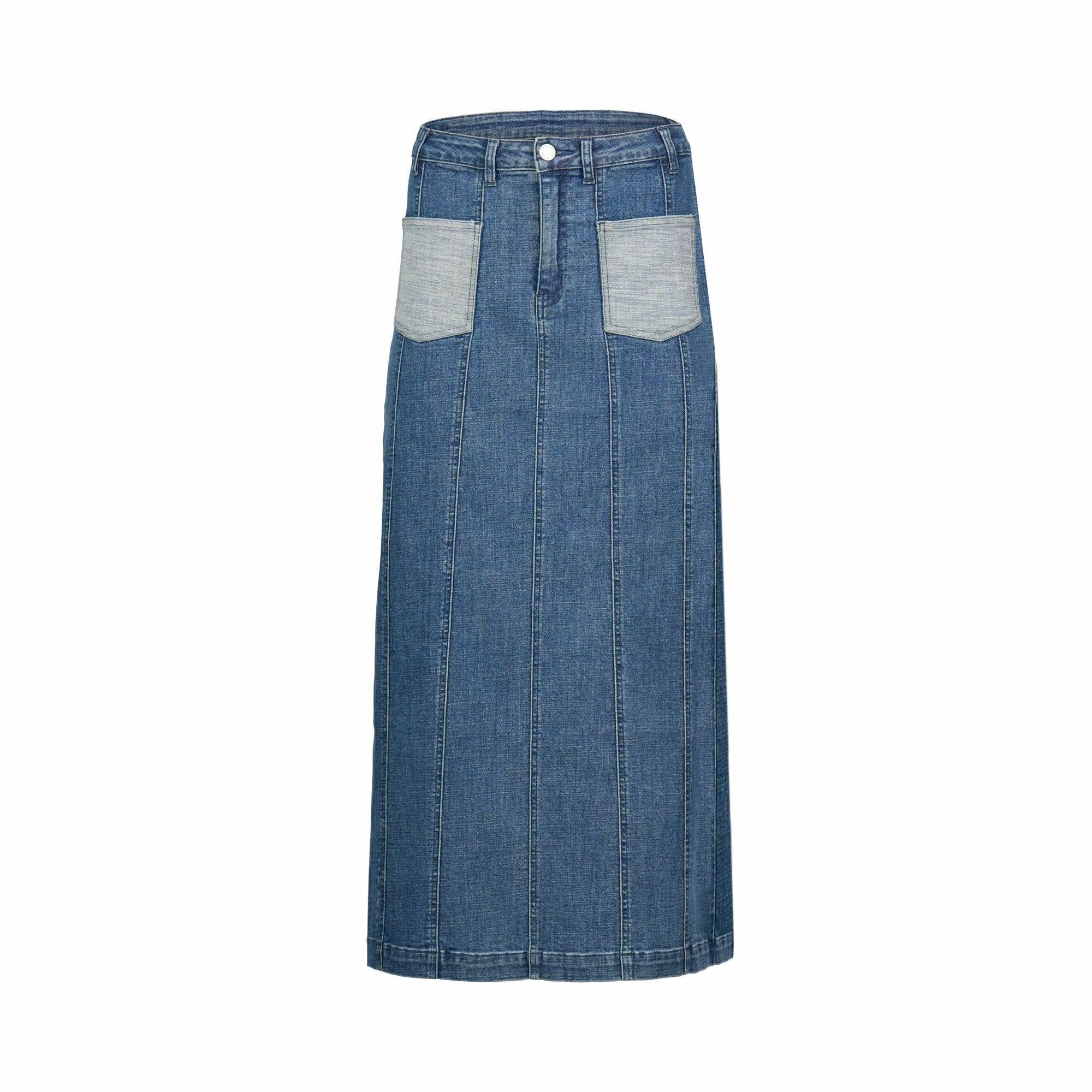 Front view of blue denim midi skirt with contrast front pockets and vertical seam details