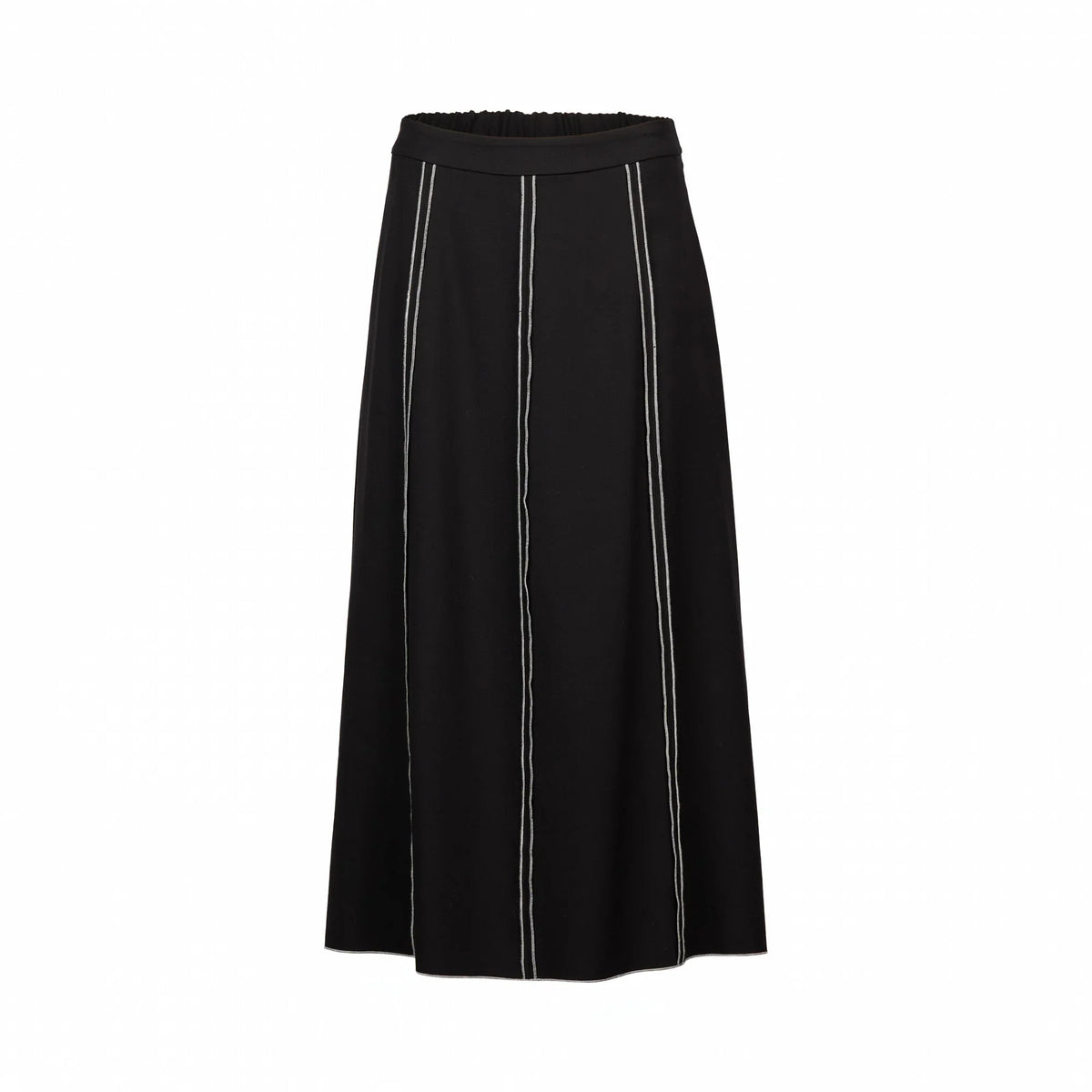 Black A-line knit midi skirt with vertical white contrast stitch details