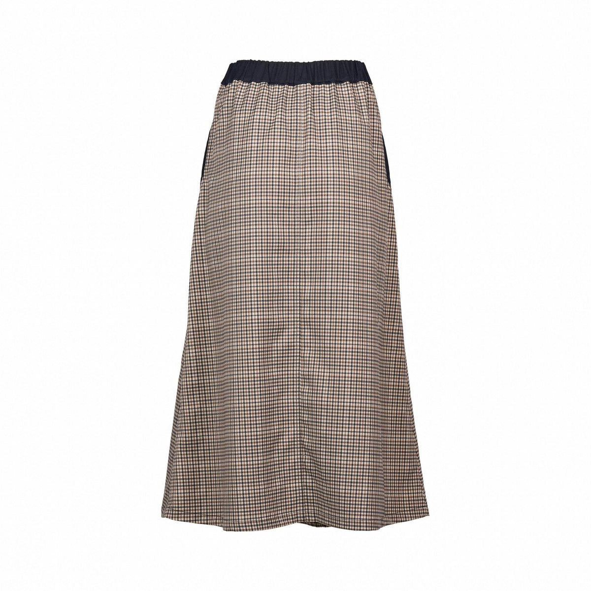 Back view of a midi-length check skirt with black elastic waistband on white background.